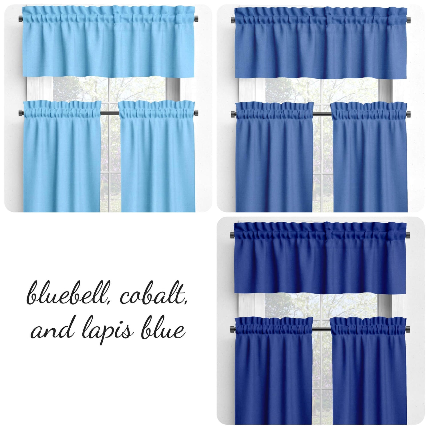  Bluebell, Cobalt, and Lapis Blue Valances and Cafe Curtains