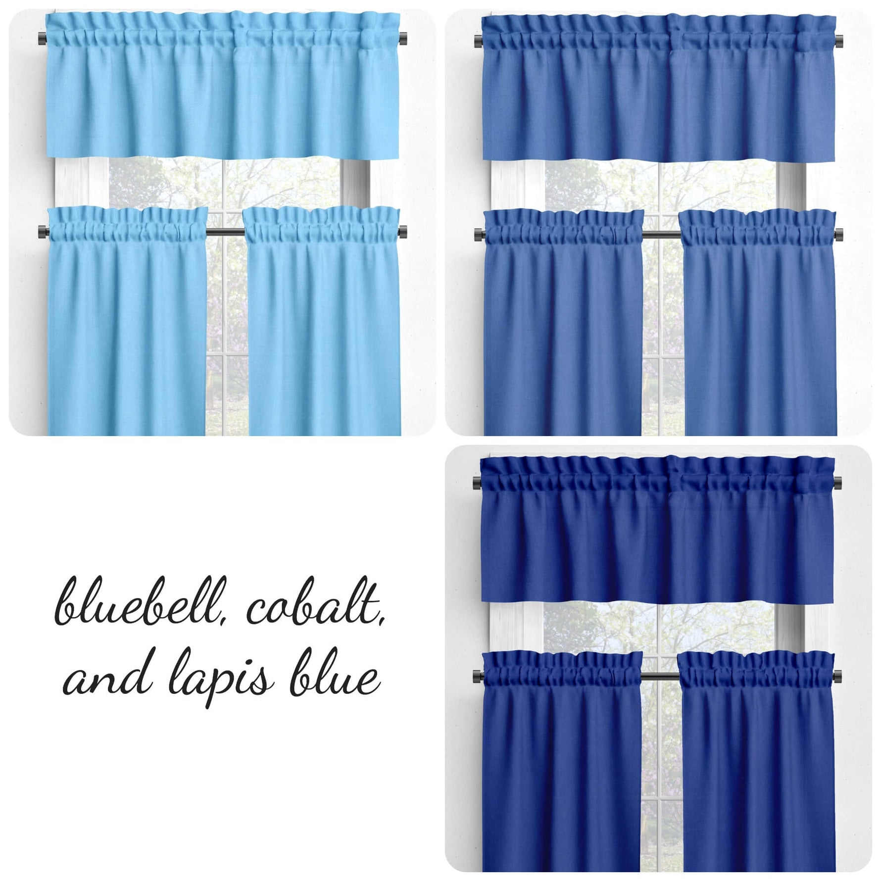  Bluebell, Cobalt, and Lapis Blue Valances and Cafe Curtains