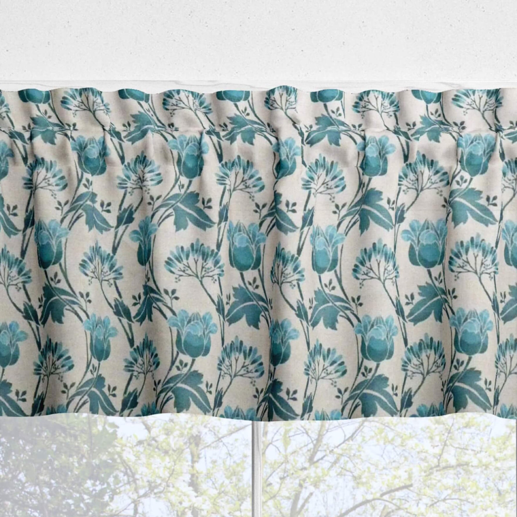 Coral Rose and Blue Tulip Valances and Tier Curtains – Elegant Floral