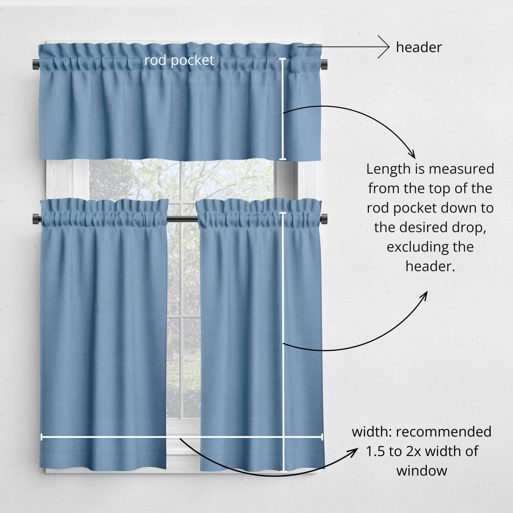 Blue window curtain set with measurements labeled on a white background