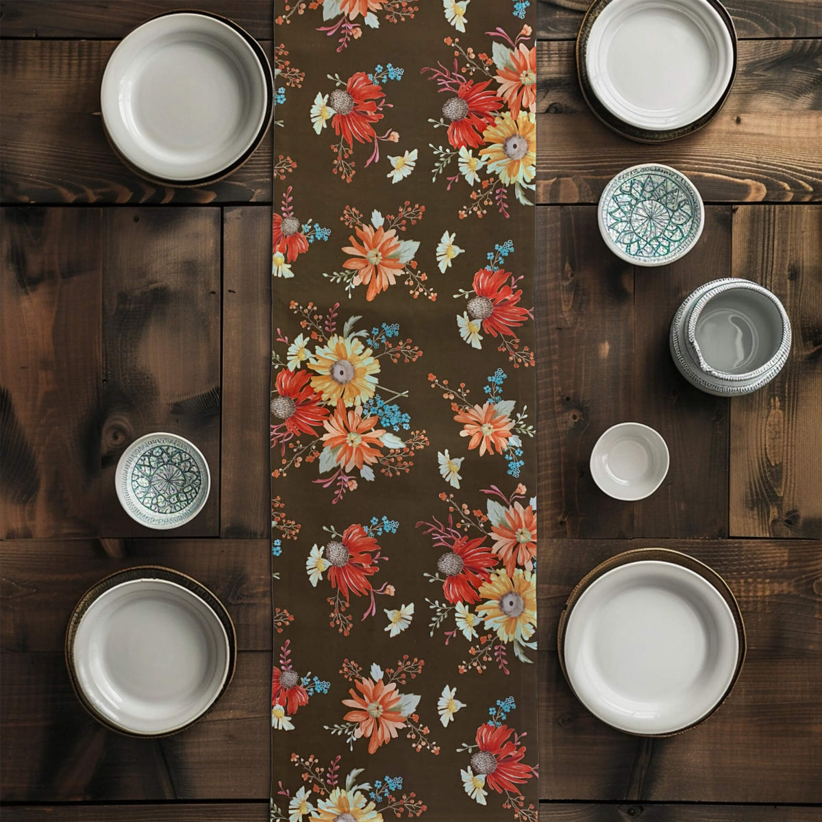 Fall Bouquet Table Runner – Autumn Floral Dining Decor, Thanksgiving, Rustic Farmhouse Style