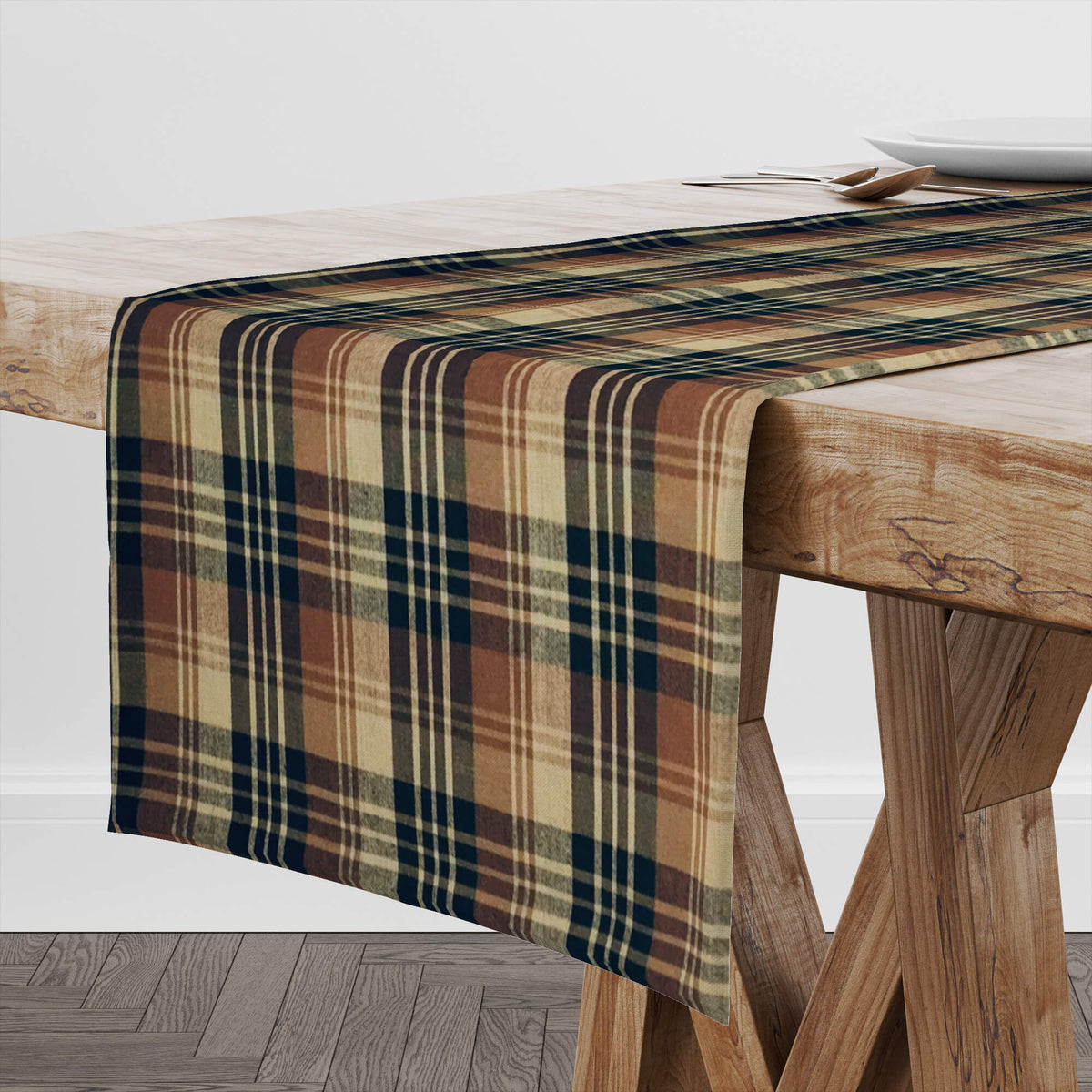 Fall Farmhouse Table Runners and Placemats – Brown, Black & Tan Plaid