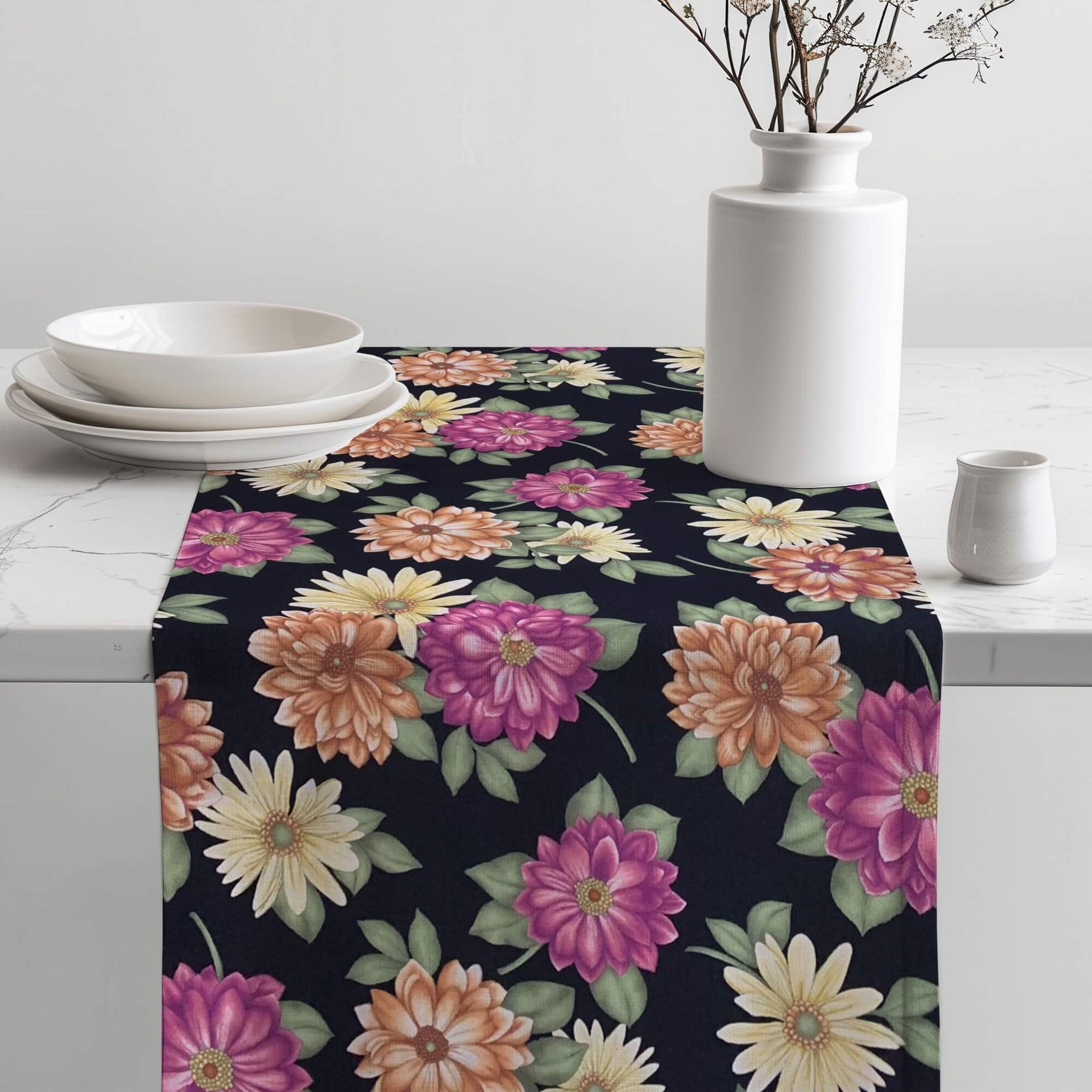 Fall Mum Floral Table Runner – Autumn Dining Decor, Thanksgiving, Rustic Farmhouse Style
