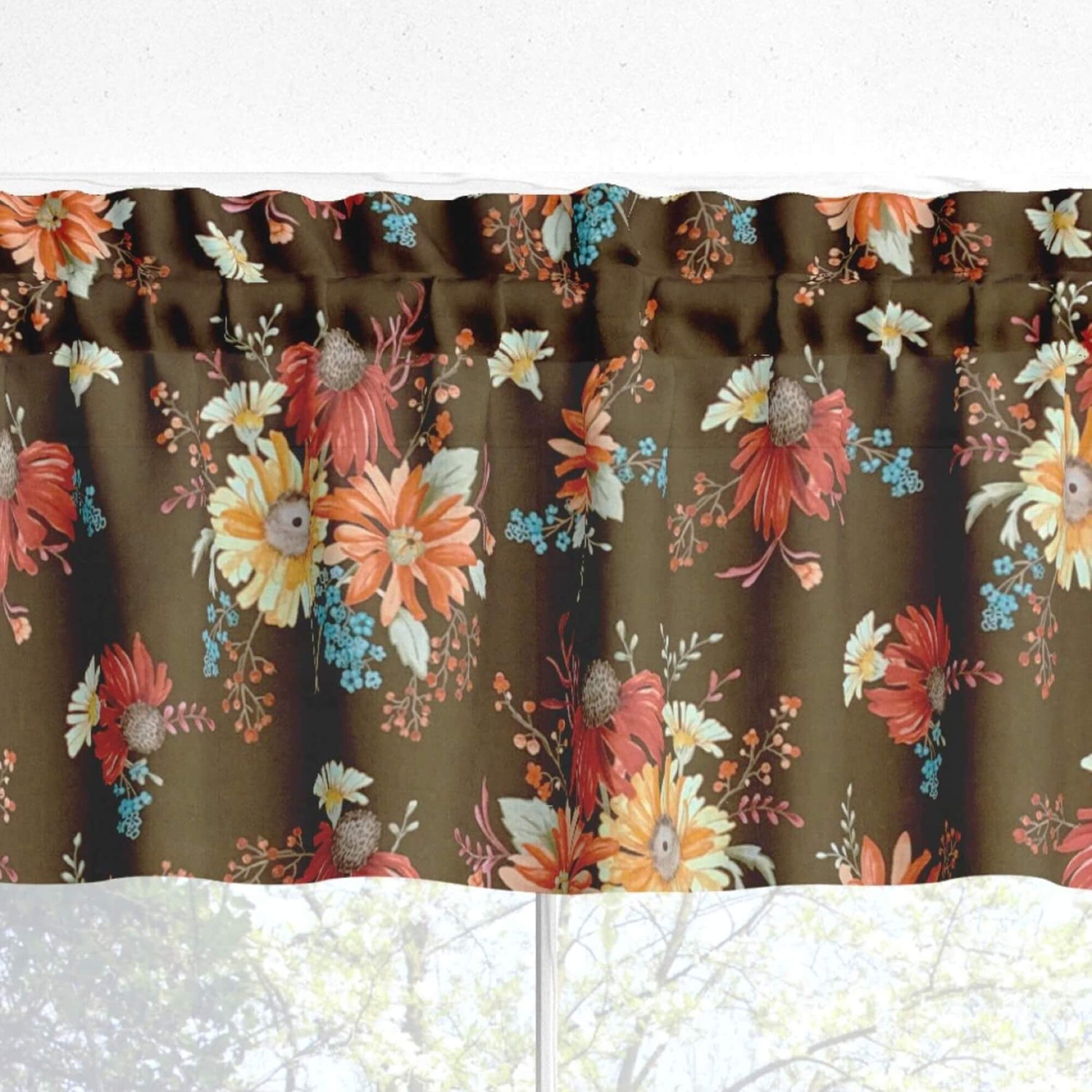 Fall Bouquet Brown and Cream Floral Kitchen Valances and Cafe Curtains