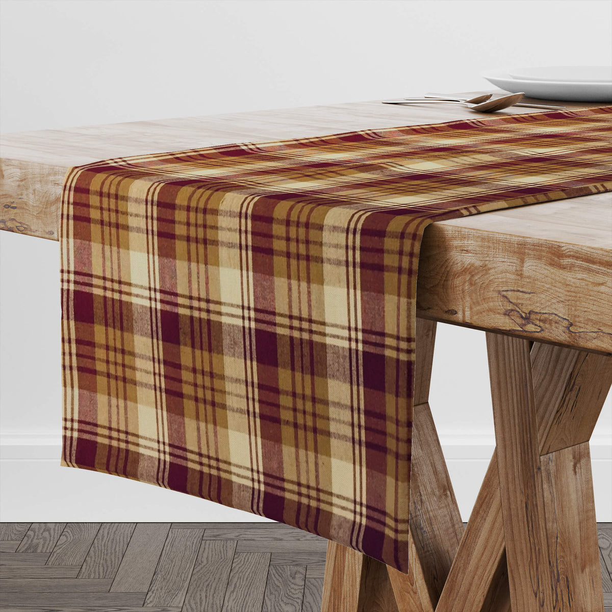 Farmhouse Table Runners and Placemats – Burgundy, Gold & Cream Plaid