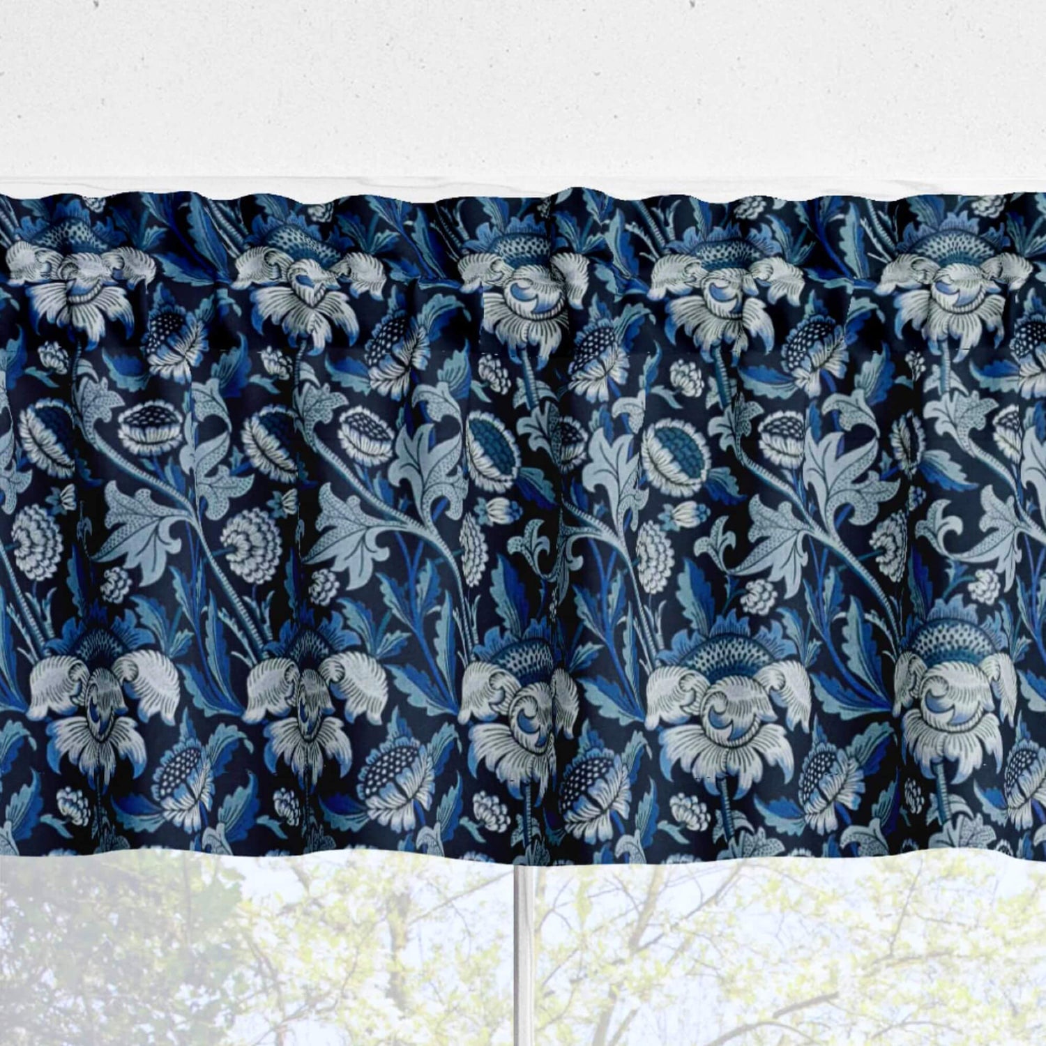Floral Damask Valances and Tier Curtains – Kelmscott Blue or Rose Gold