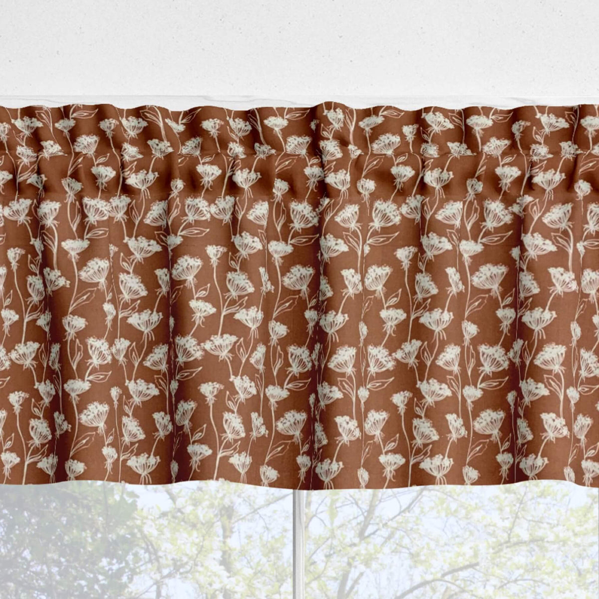 Queen Anne’s Lace Valances and Tier Curtains – Delicate Floral Rust Colored