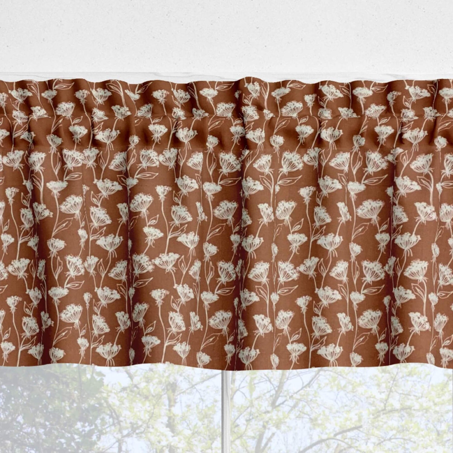 Queen Anne’s Lace Valances and Tier Curtains – Delicate Floral Rust Colored