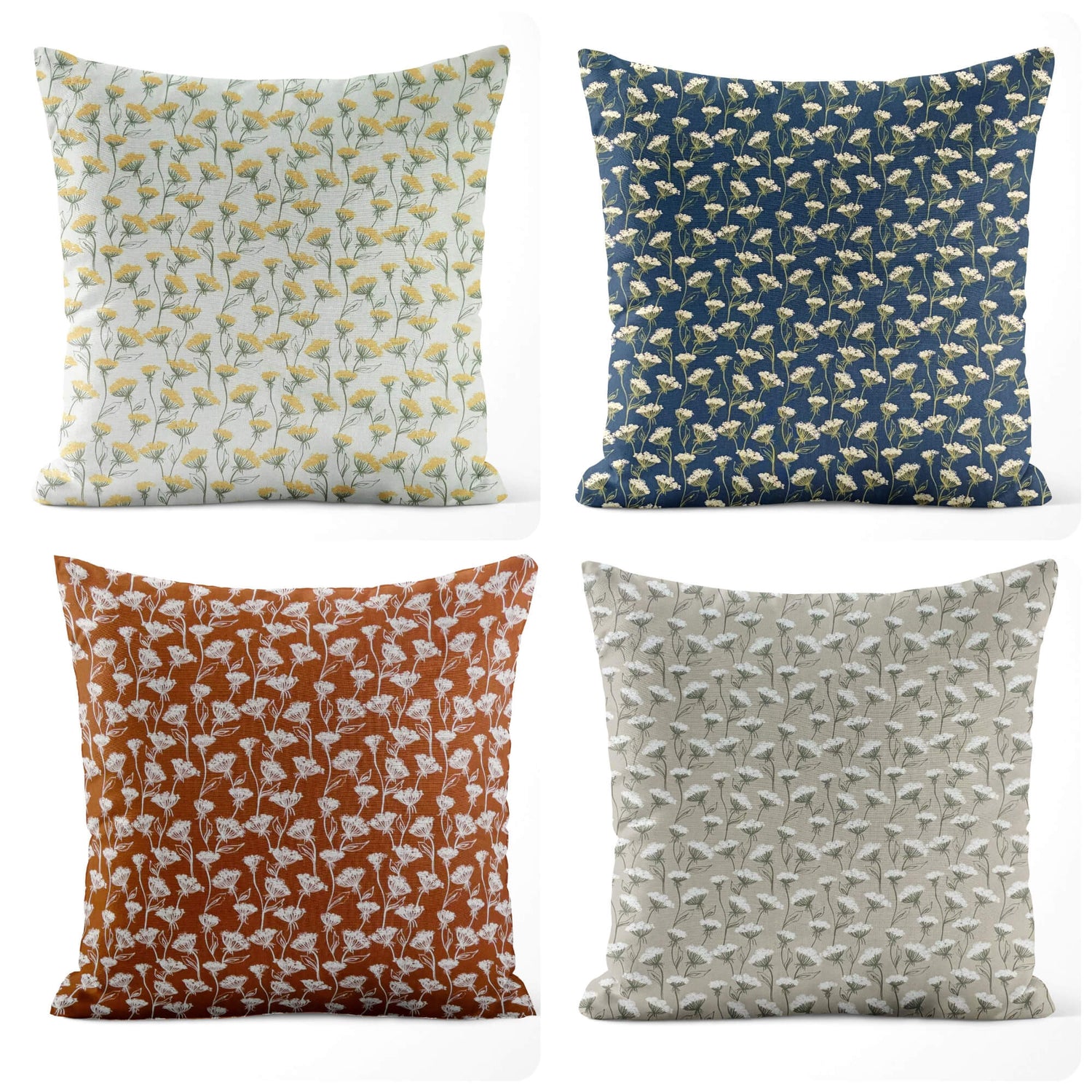 Queen Anne's Lace Floral Throw Pillow Covers and Euro Shams - ivory, navy blue, rust, taupe
