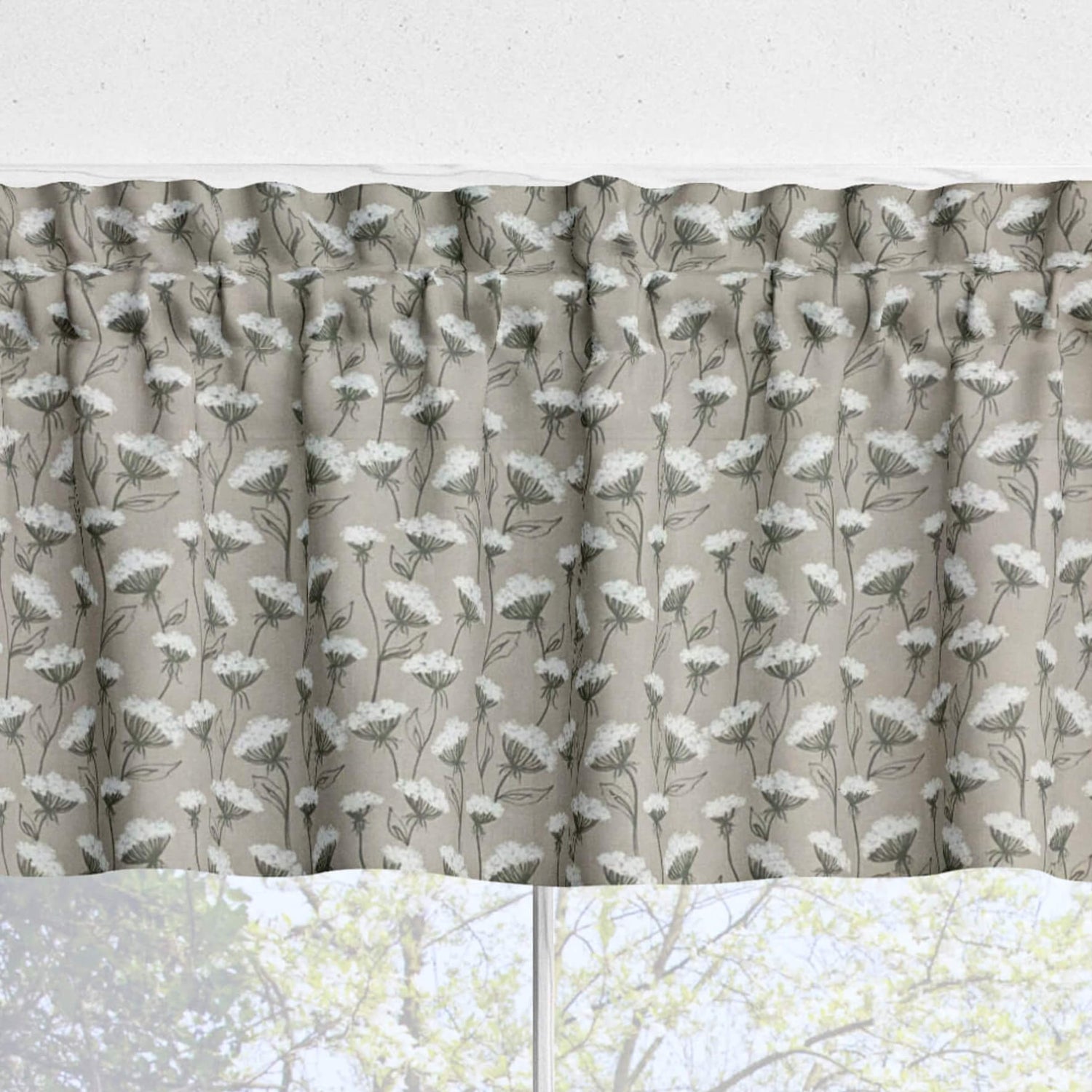 Queen Anne’s Lace Valances and Tier Curtains – Delicate Floral Taupe