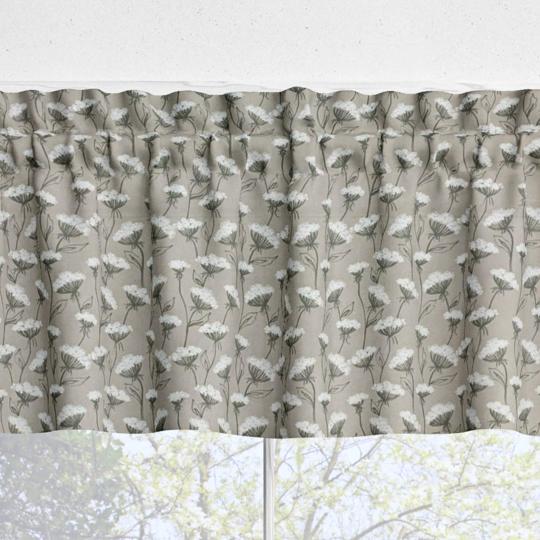 Queen Anne’s Lace Valances and Tier Curtains – Delicate Floral Taupe