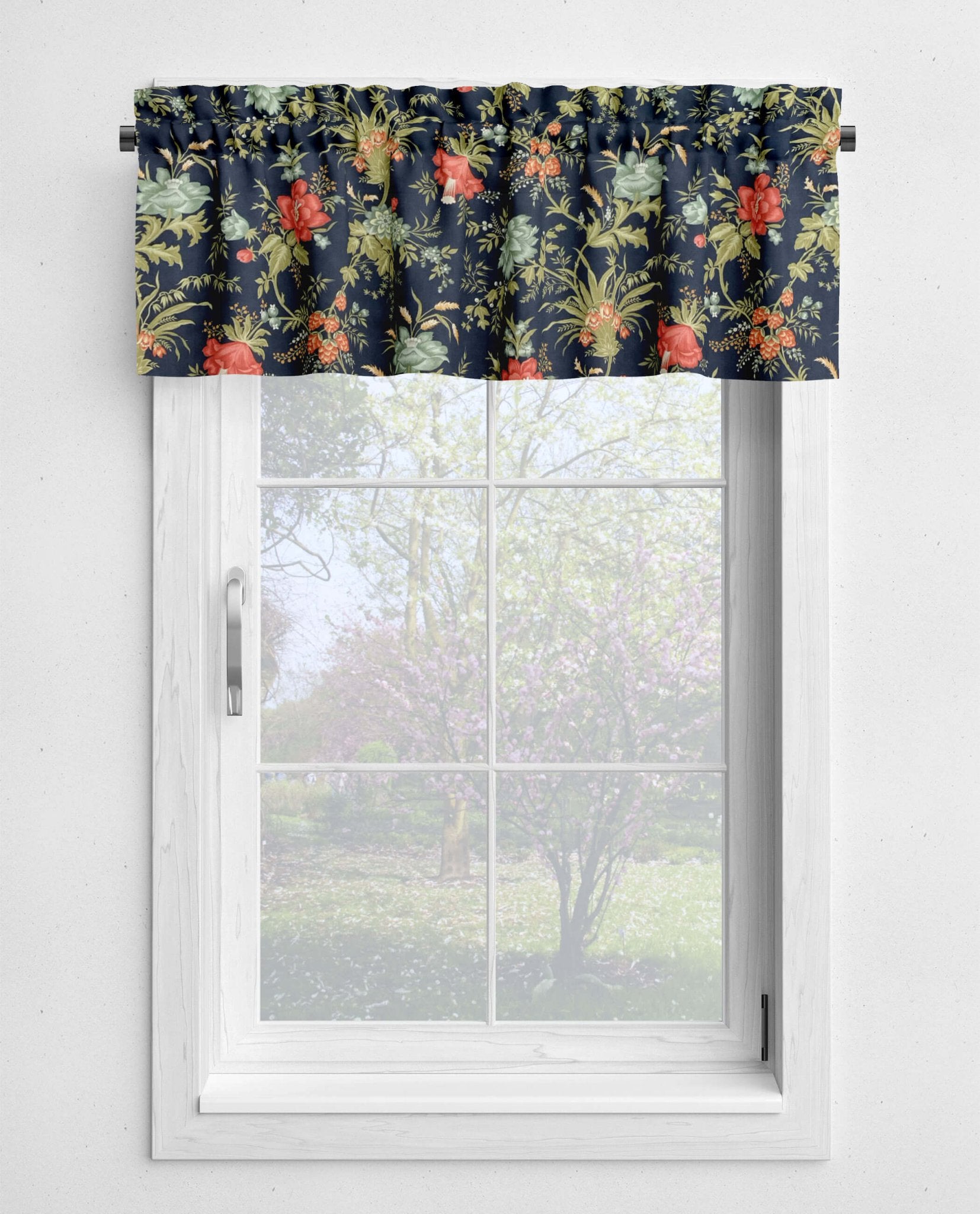 French Country Floral Valances and Tier Curtains – Elegant Navy Blue