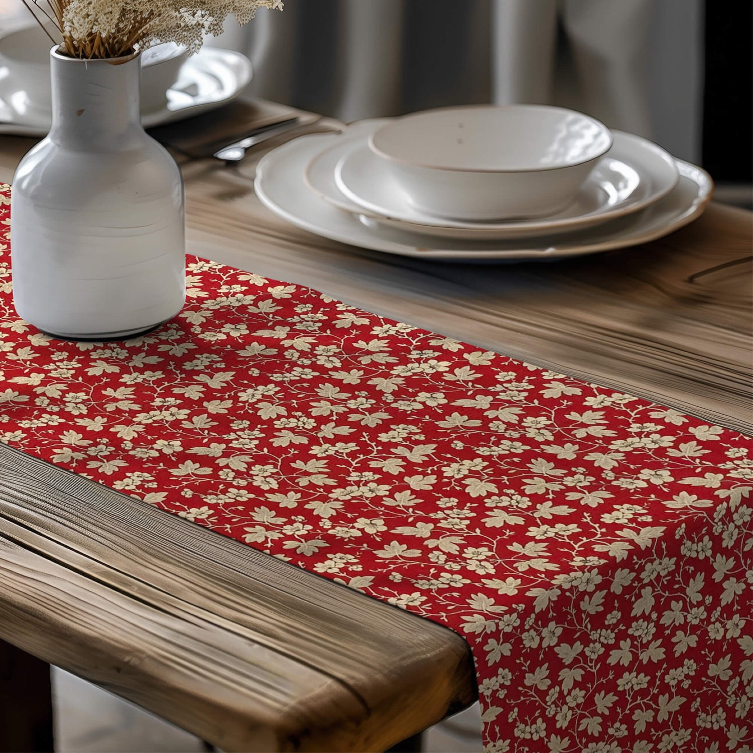 French Country Table Runners & Placemats – Gold Mignon Floral on Rouge Red