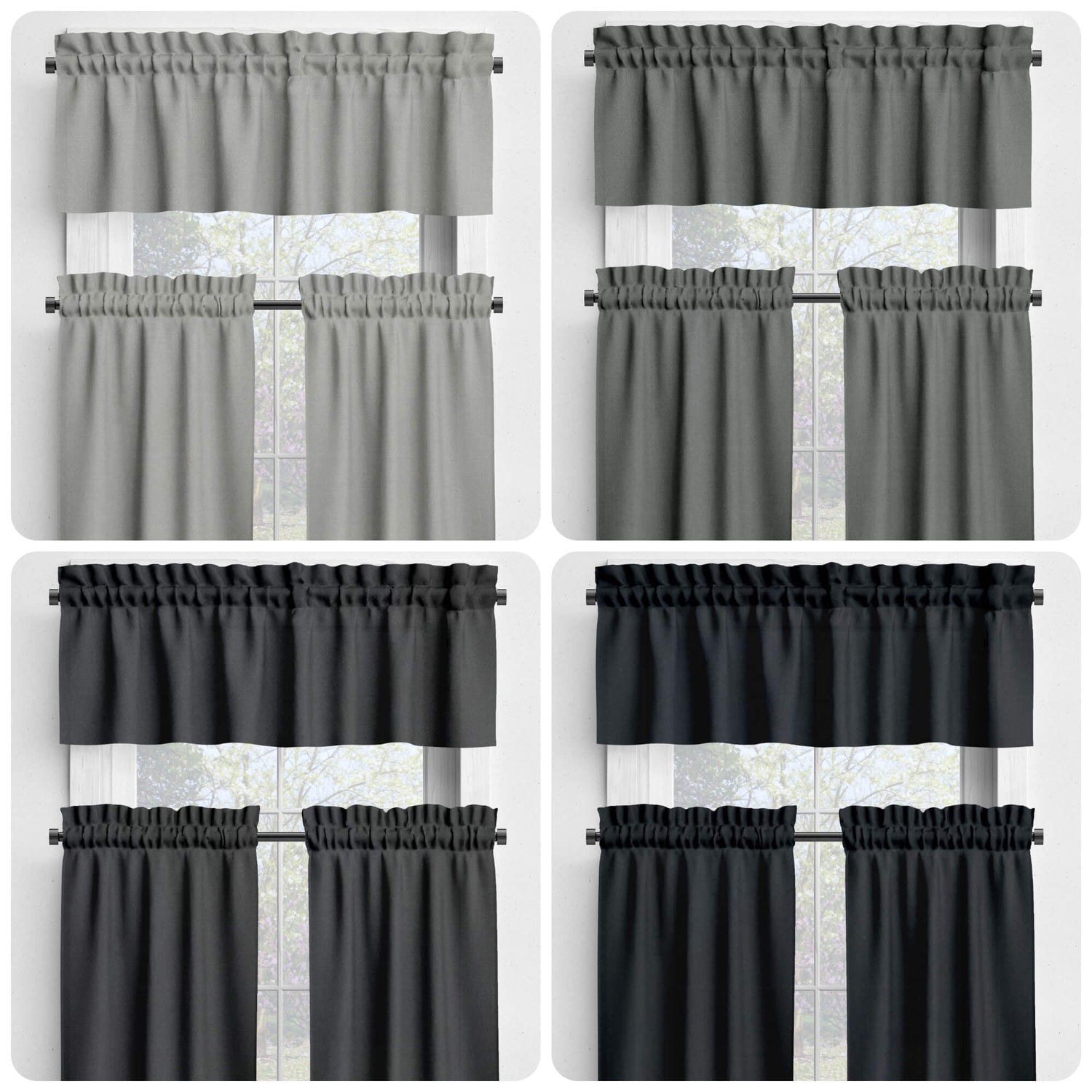 Stone, Light Gray, Slate, Charcoal Black Valances and Cafe Curtains