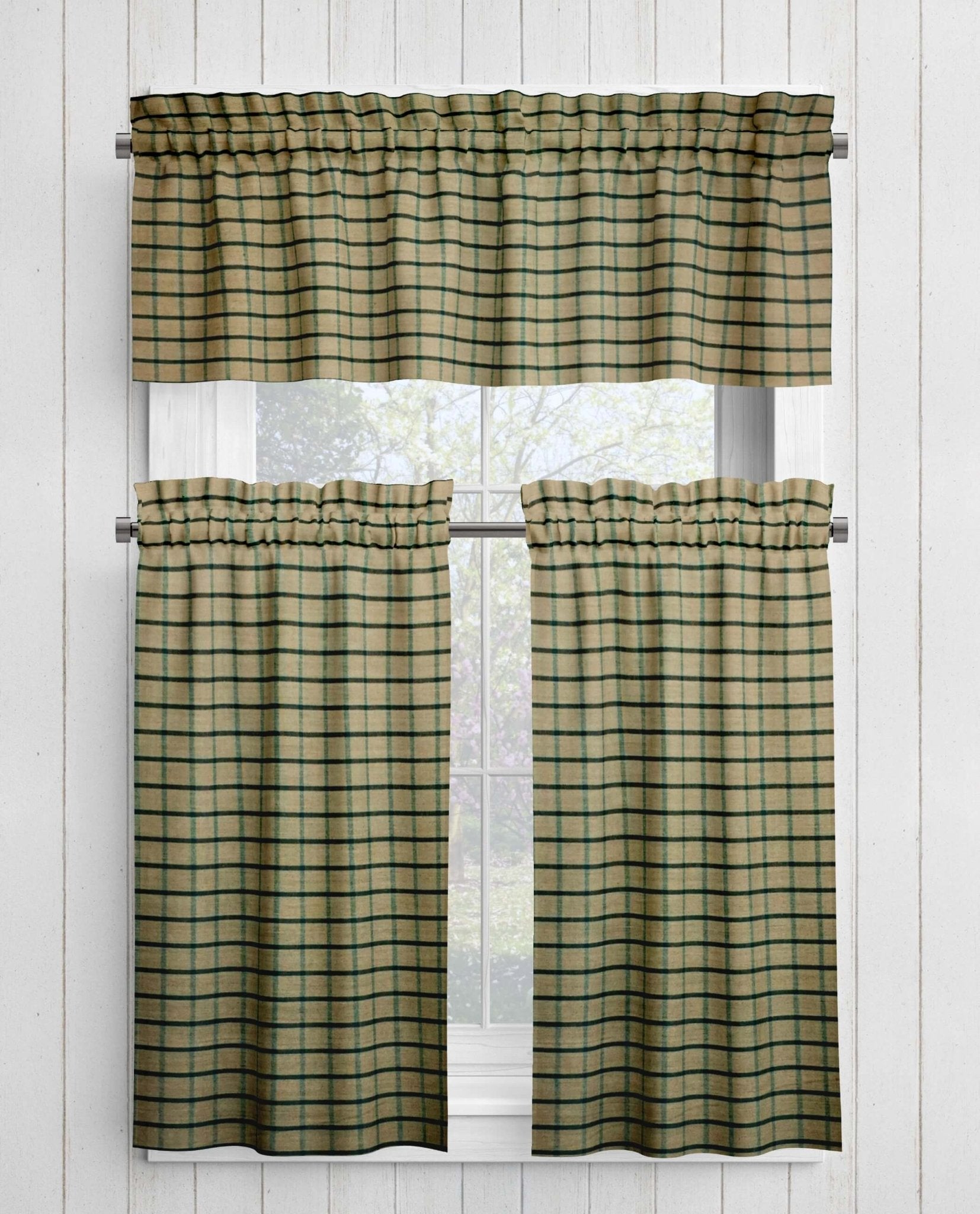 Green and Tan Homespun Curtains – Rustic Plaid Farmhouse