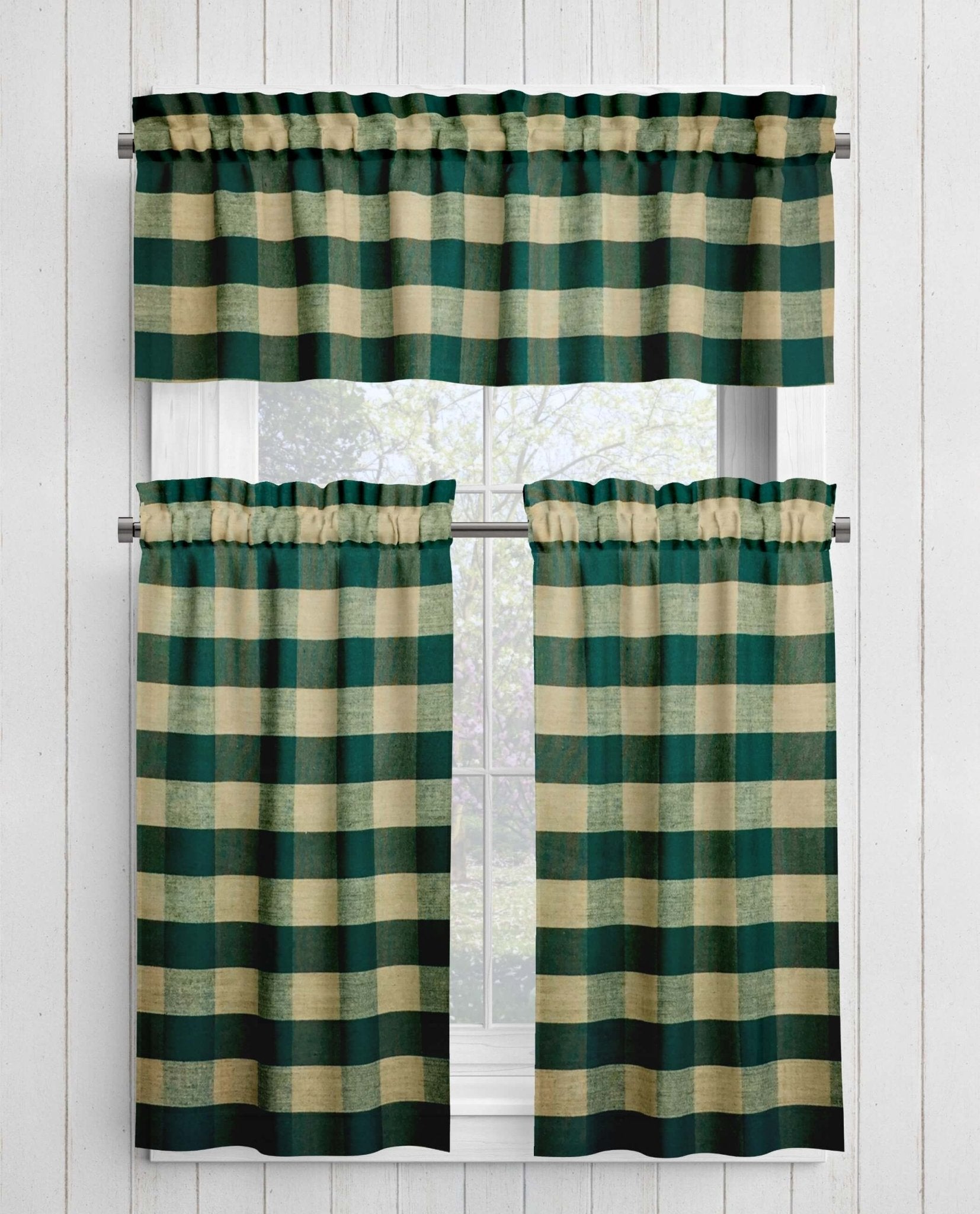 Green and Tan Homespun Curtains – Rustic Plaid Farmhouse