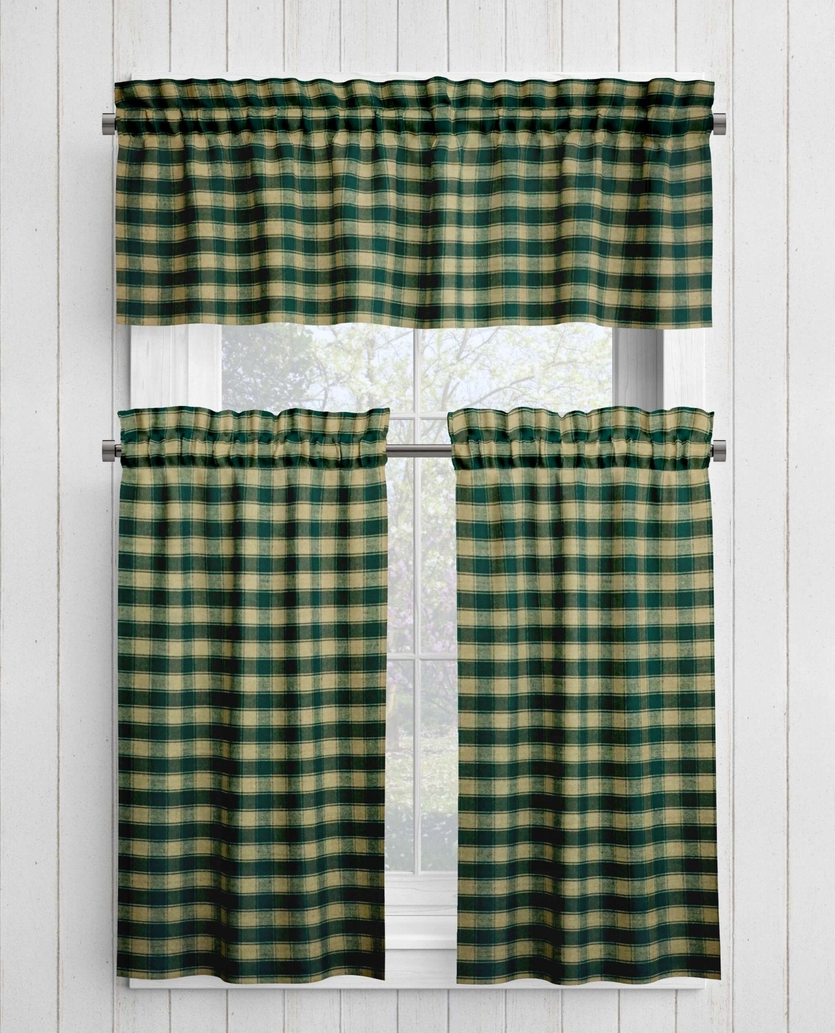 Green and Tan Homespun Curtains – Rustic Plaid Farmhouse