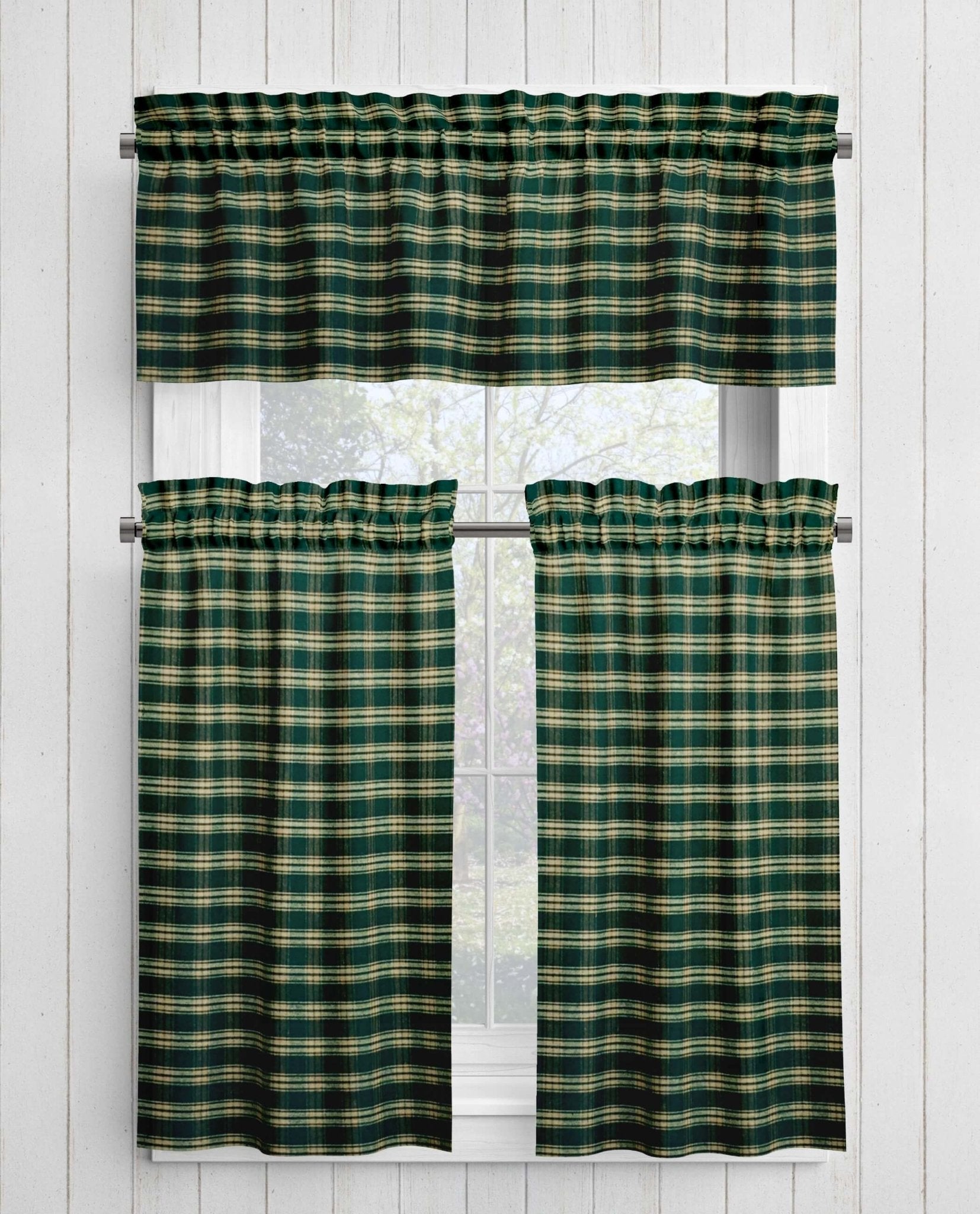Green and Tan Homespun Curtains – Rustic Plaid Farmhouse