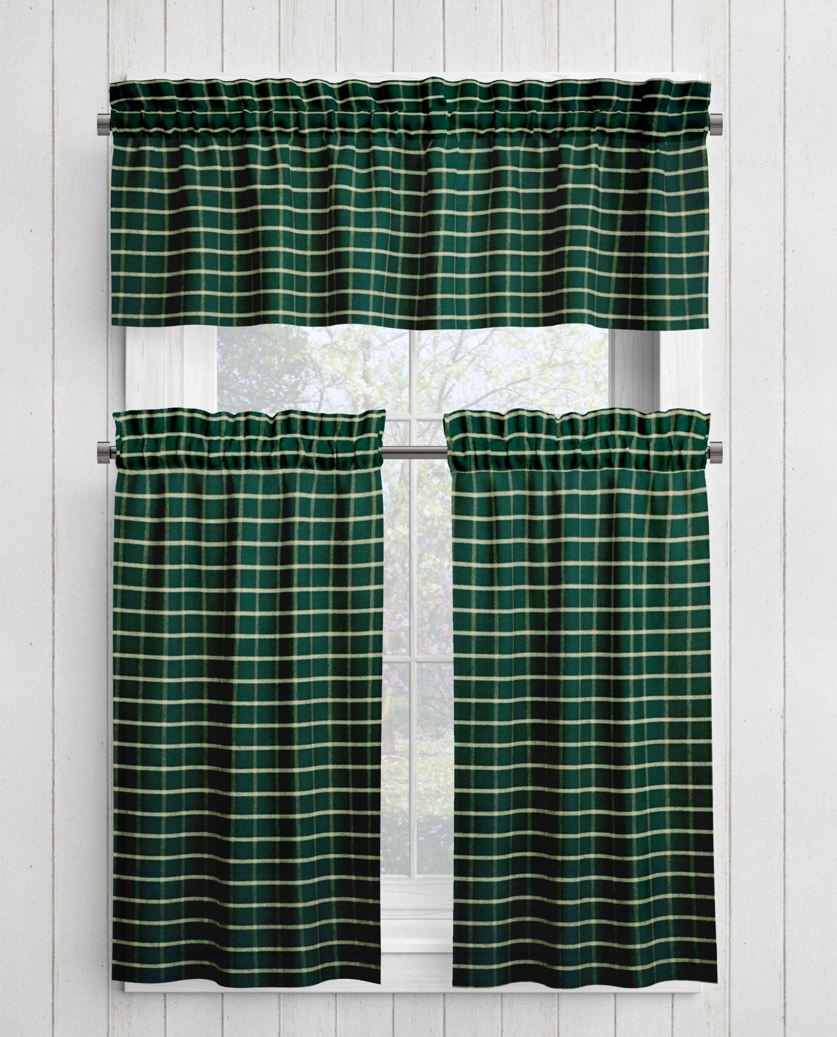 Green and Tan Homespun Curtains – Rustic Plaid Farmhouse