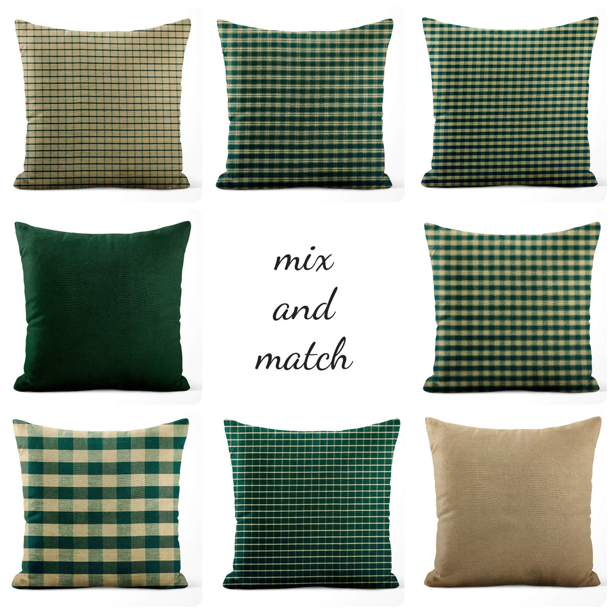 Green & Tan Plaid Pillow Covers and Euro Shams – Rustic Farmhouse Style