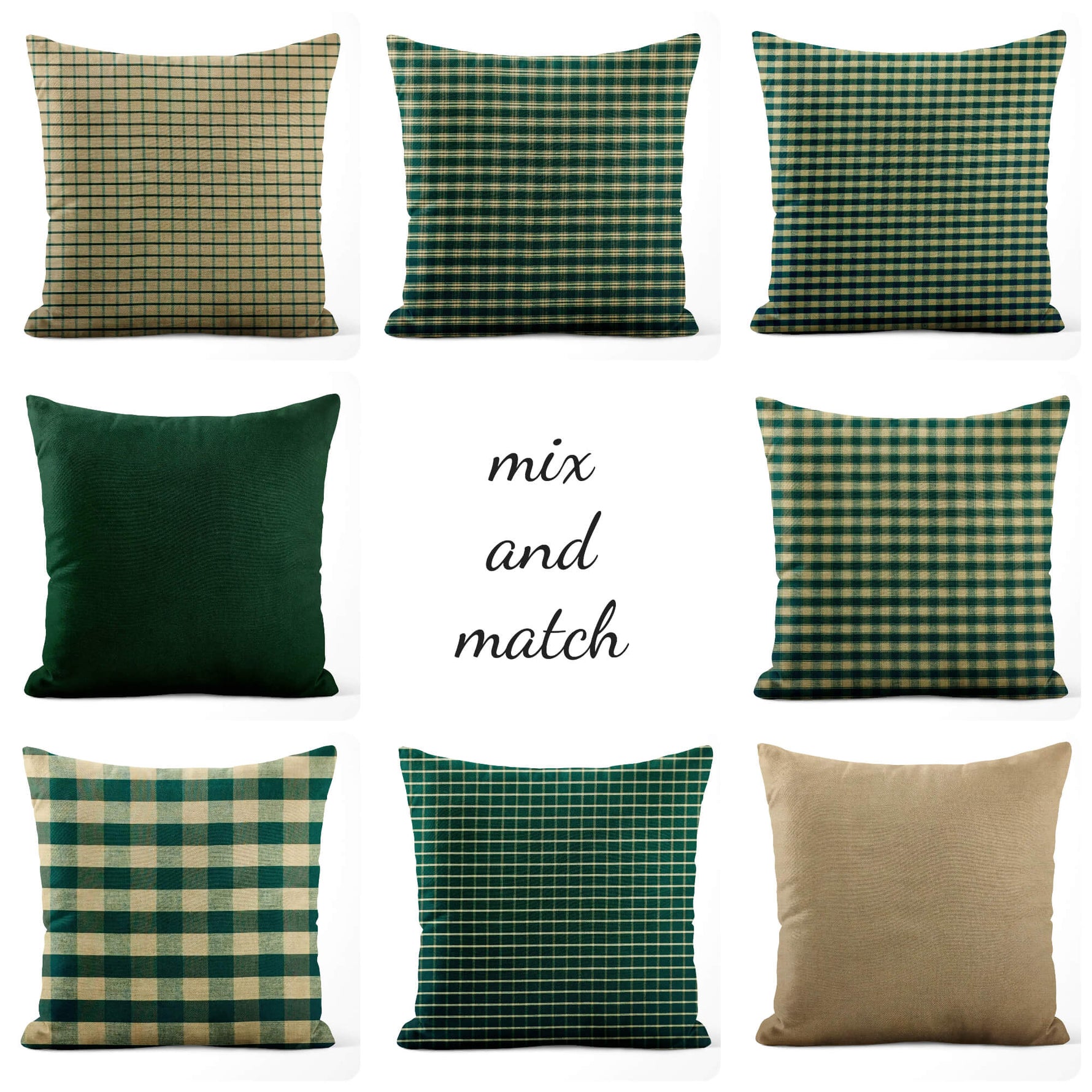 Green & Tan Plaid Pillow Covers and Euro Shams – Rustic Farmhouse Style