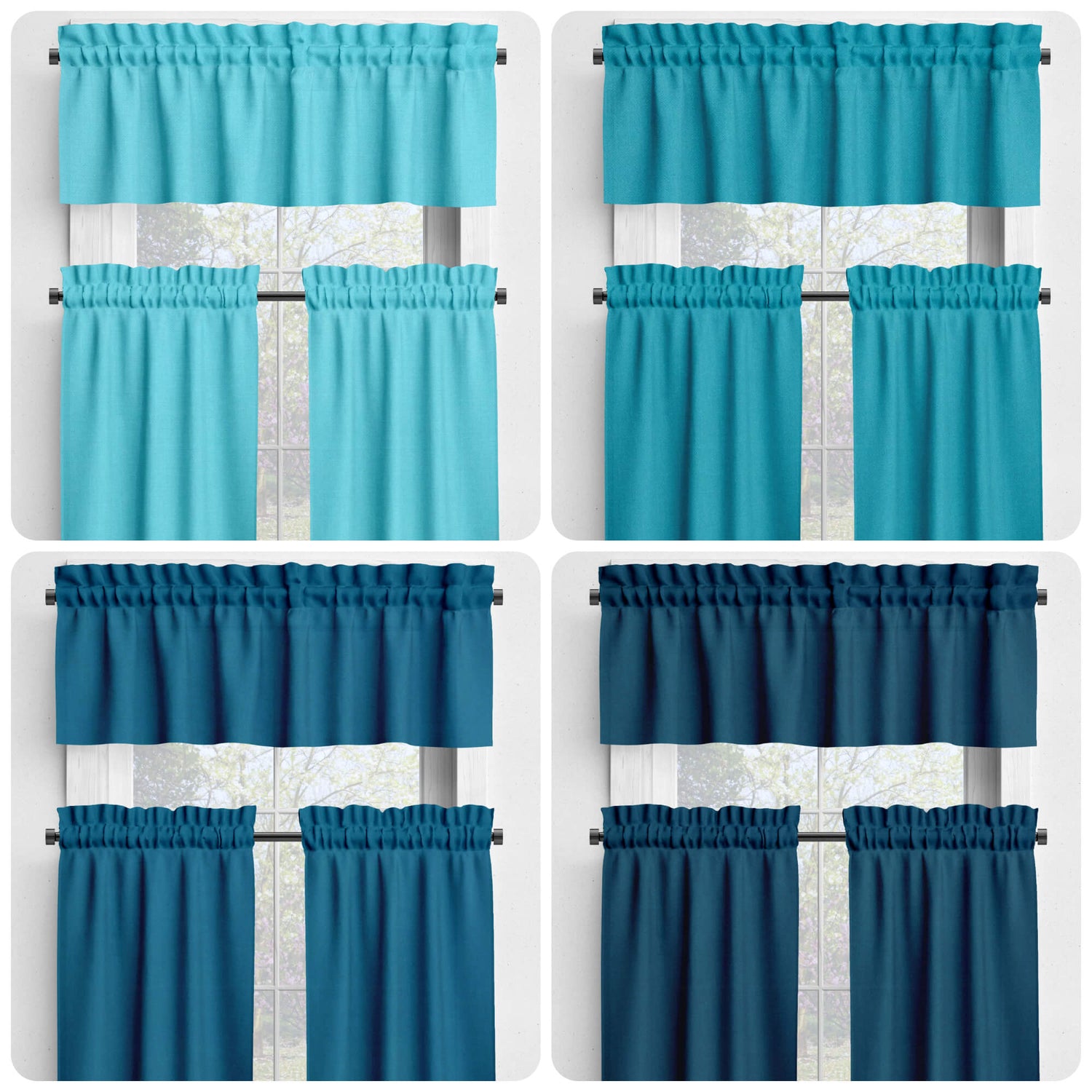 Pool, Blue Chill, Horizon, and Prussian Valances and Cafe Curtains