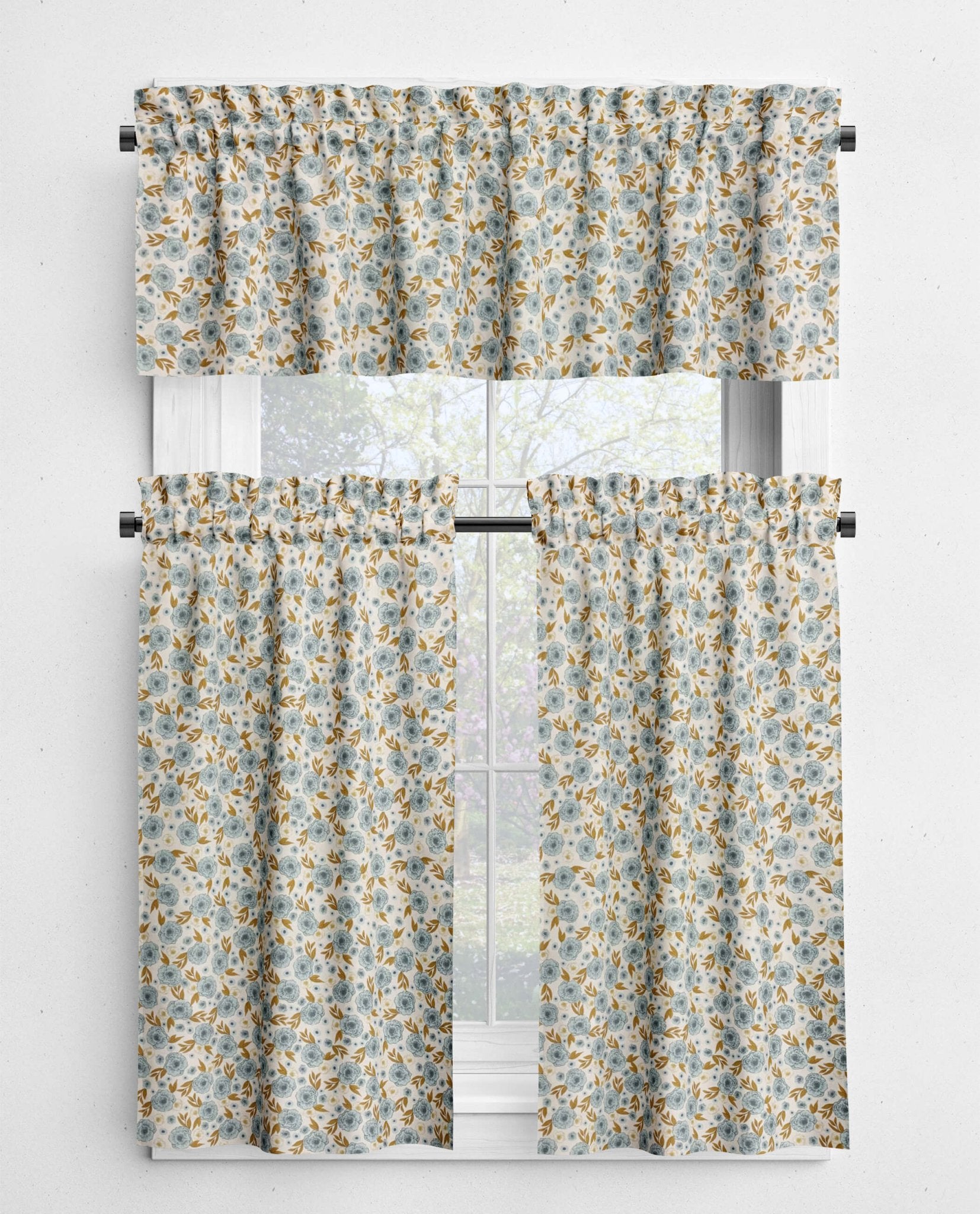 Last Bloom Floral Valances and Cafe Curtains - Cream or Blue