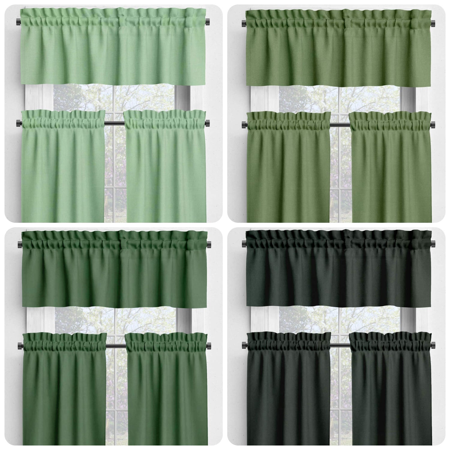 Light Mint, Prairie, Topiary, and Dark Hunter Green Valances and Cafe Curtains