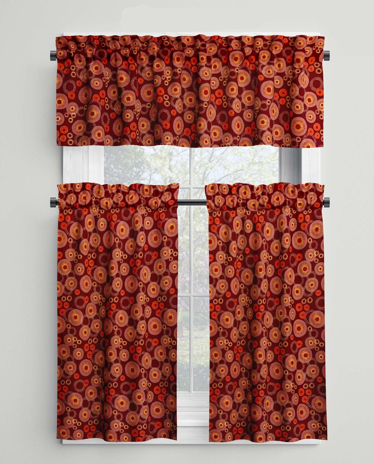 Modern Medallion Sunburst Rod Pocket Valances and Cafe Curtains