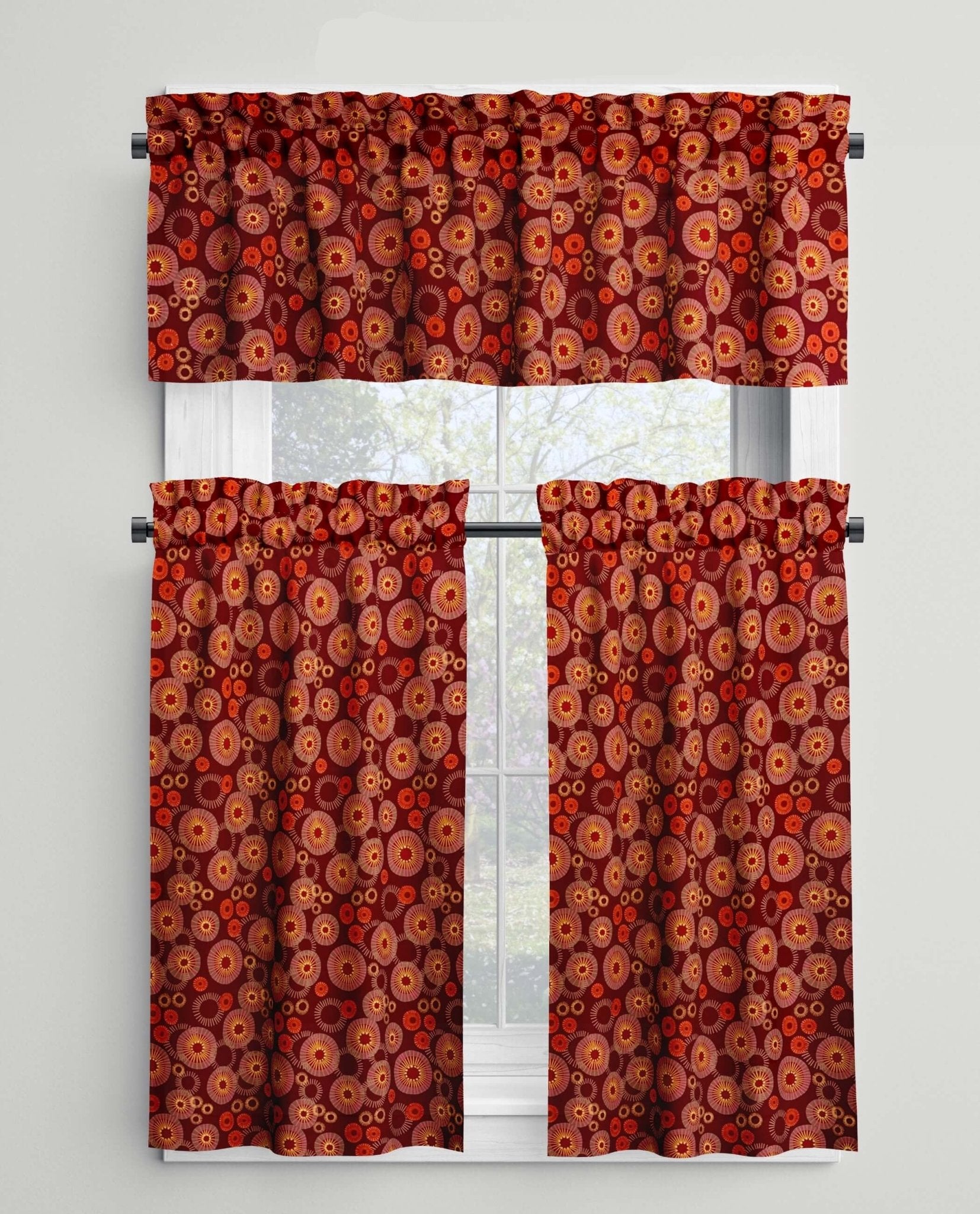 Modern Medallion Sunburst Rod Pocket Valances and Cafe Curtains