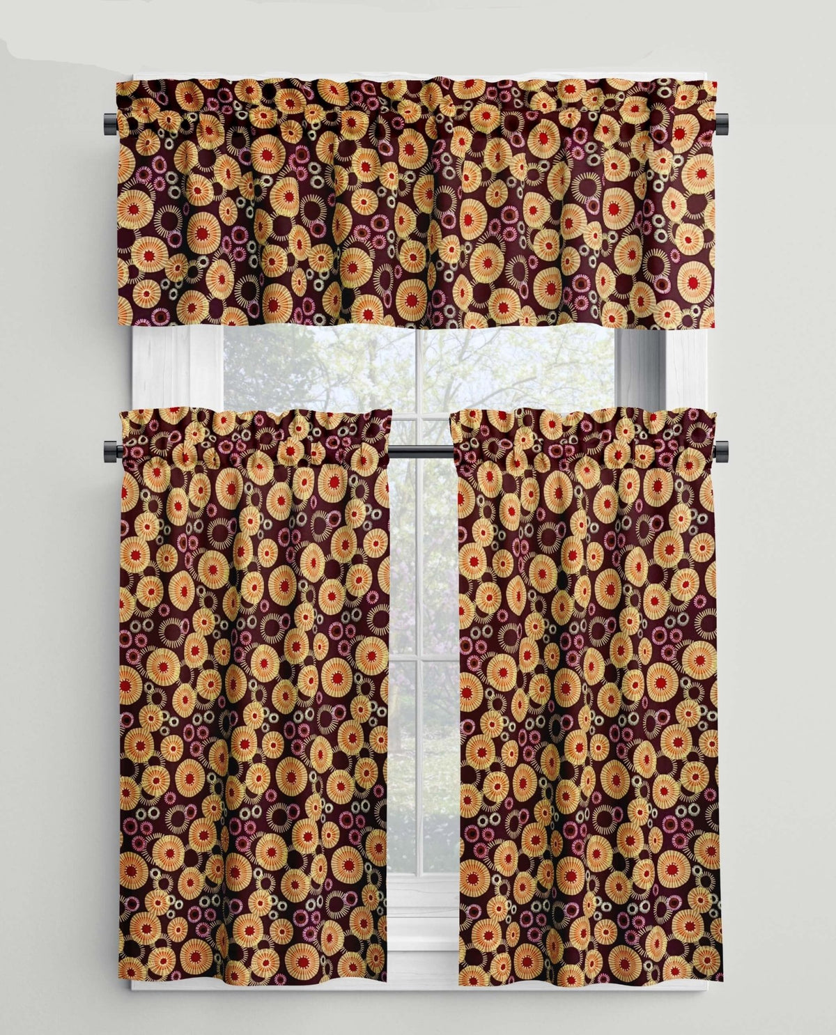Modern Medallion Sunburst Rod Pocket Valances and Cafe Curtains