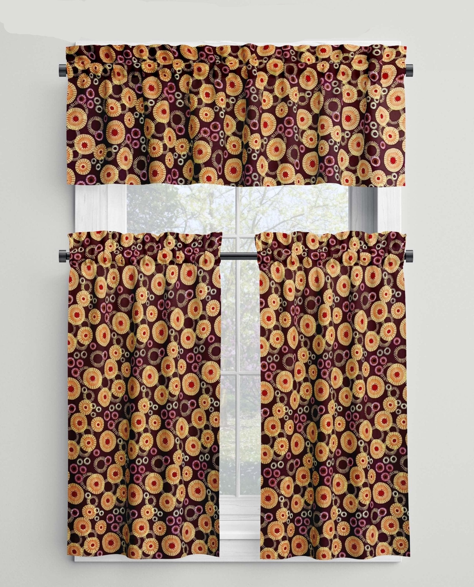 Modern Medallion Sunburst Rod Pocket Valances and Cafe Curtains