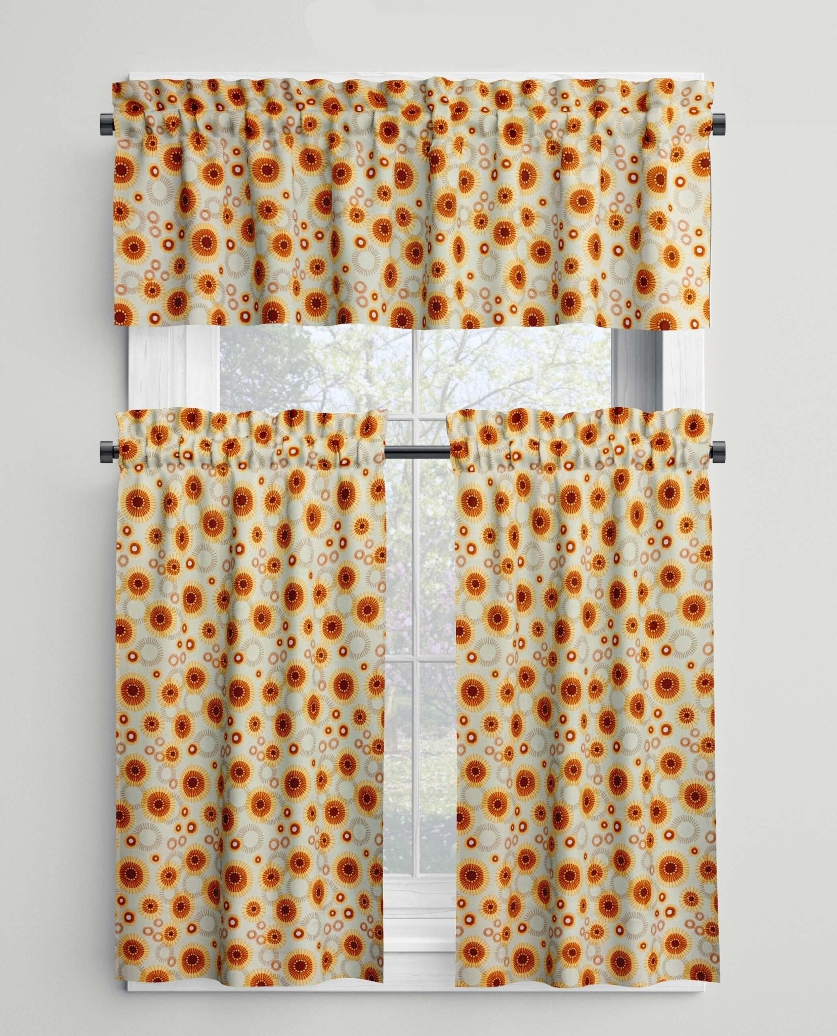 Modern Medallion Sunburst Rod Pocket Valances and Cafe Curtains