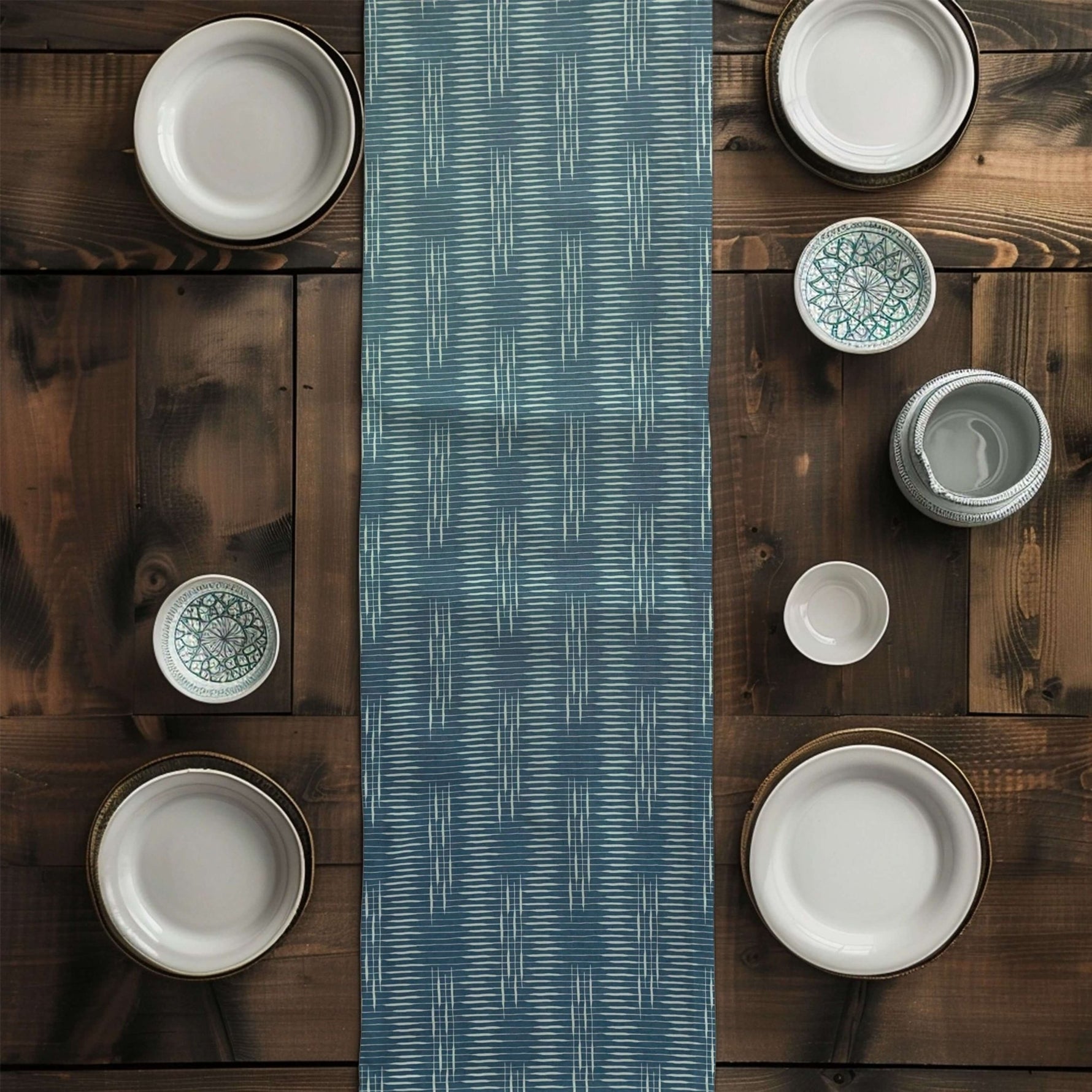 Lake Blue Cotton Table Runner: Modern Rustic Cattail Design