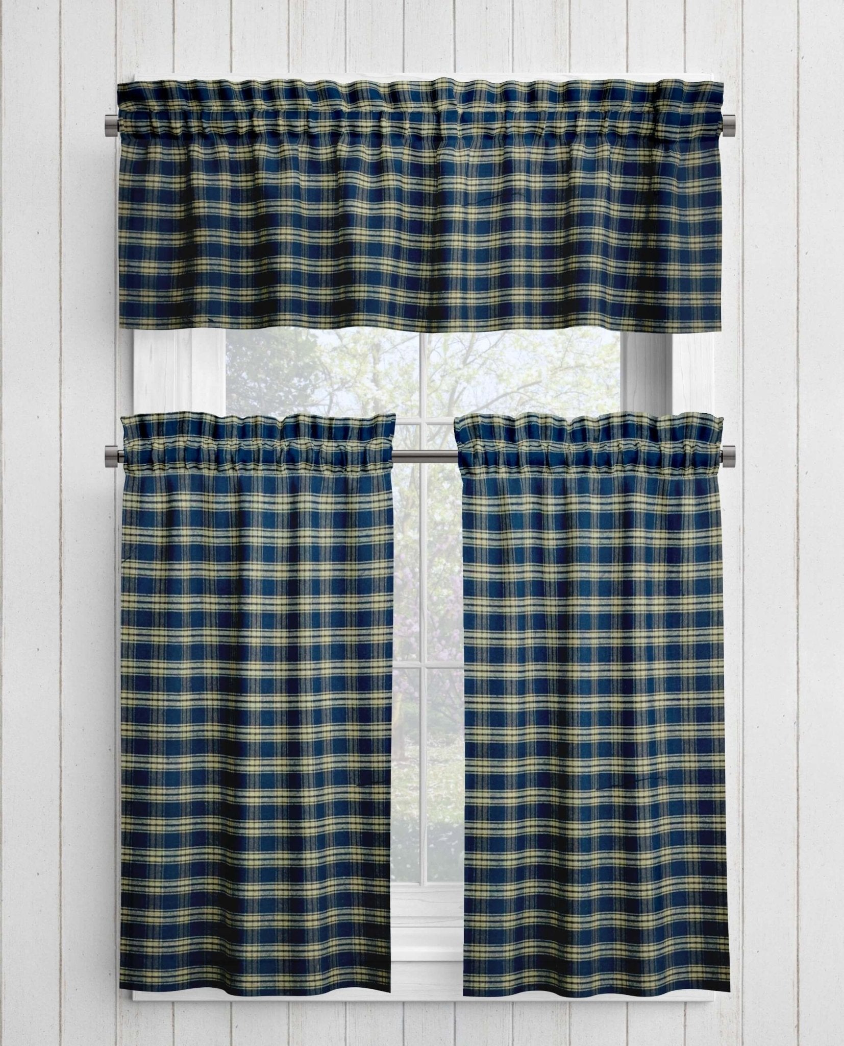 Navy Blue and Tan Homespun Curtains – Rustic Farmhouse Plaid