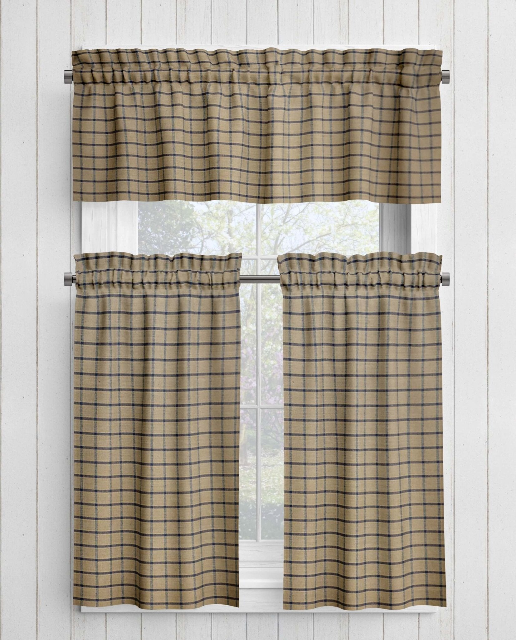 Navy Blue and Tan Homespun Curtains – Rustic Farmhouse Plaid