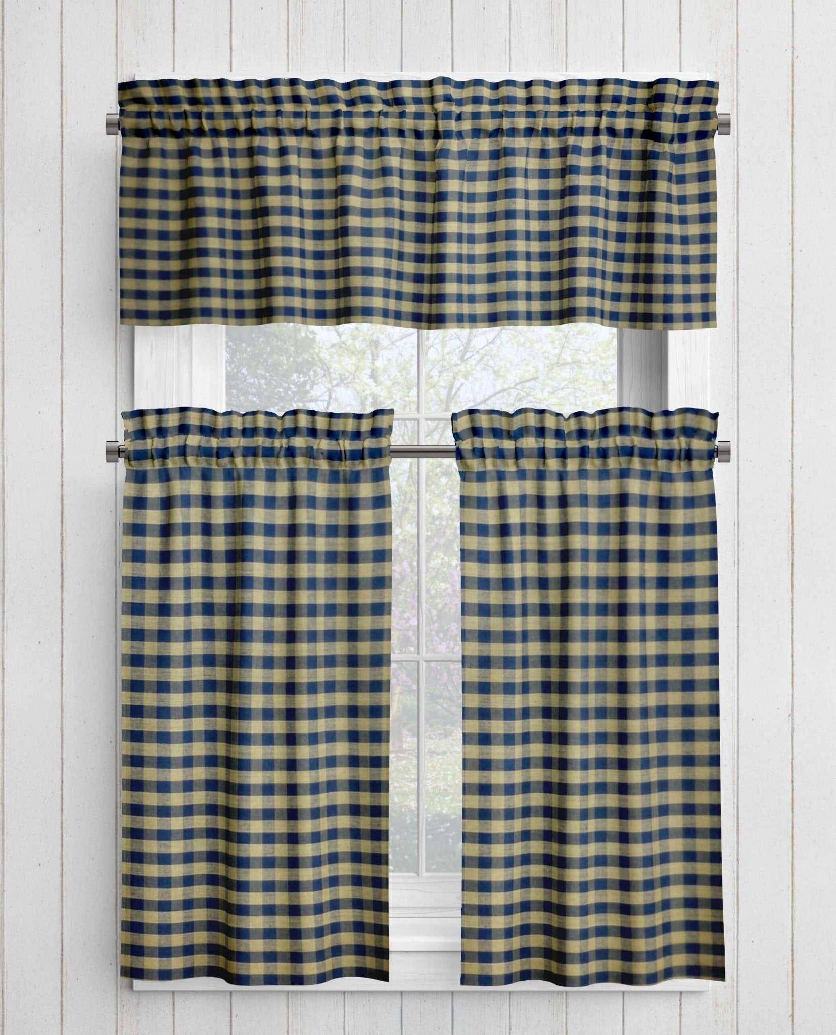 Navy Blue and Tan Homespun Curtains – Rustic Farmhouse Plaid