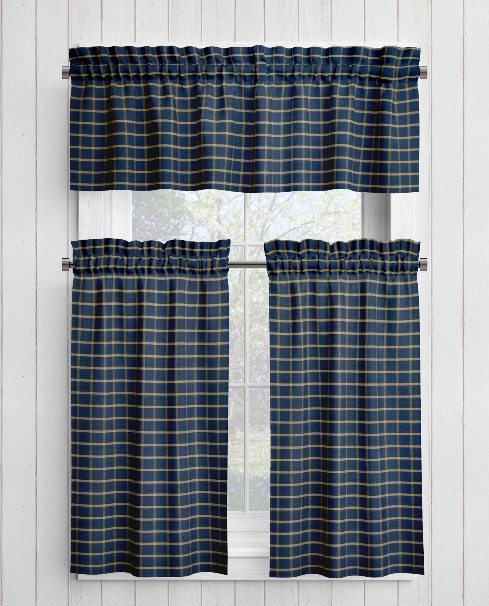 Navy Blue and Tan Homespun Curtains – Rustic Farmhouse Plaid