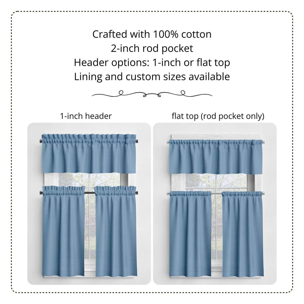 Blue curtain set with options for 1-inch or flat top header, made of 100% cotton.