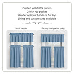 Blue curtain set with options for 1-inch or flat top header, made of 100% cotton.