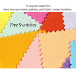 Colorful fabric swatches arranged in a grid pattern with text inviting to request swatches.