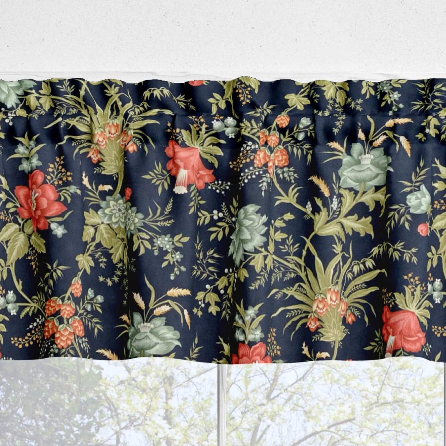 Navy Blue French Country Floral Kitchen Valances and Cafe Curtains