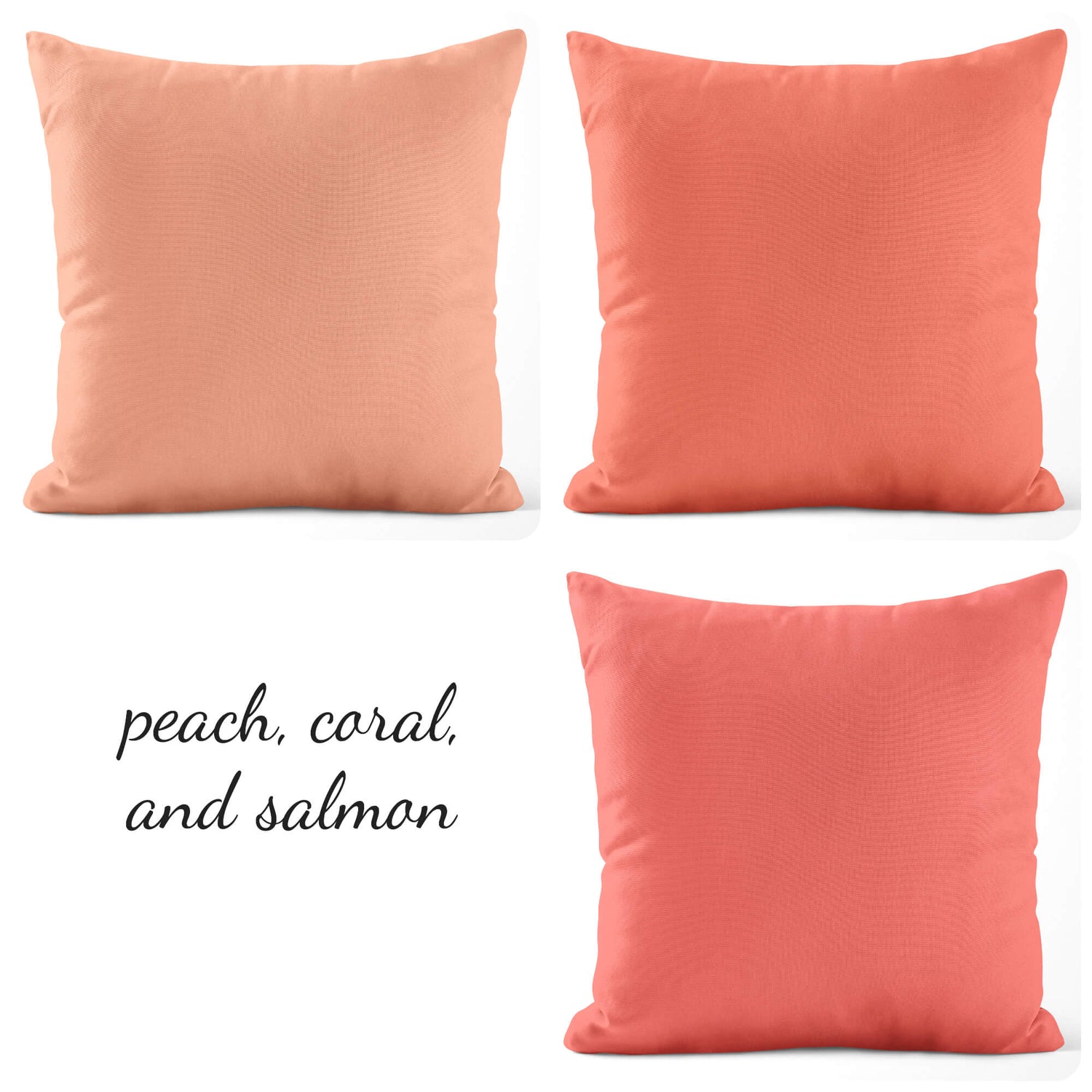 Four square throw pillow covers in peach, coral, and salmon colors, labeled accordingly.