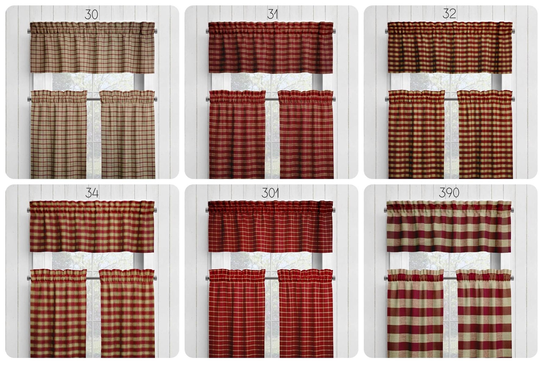Burgundy Red and Tan Homespun Curtains – Rustic Farmhouse Plaid