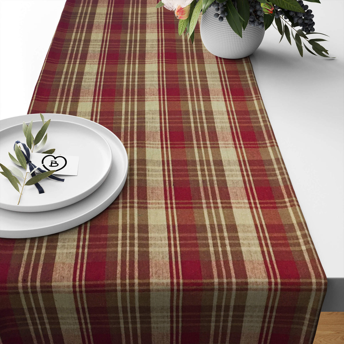 Rustic Fall Plaid Table Runners and Placemats – Burgundy, Brown & Tan
