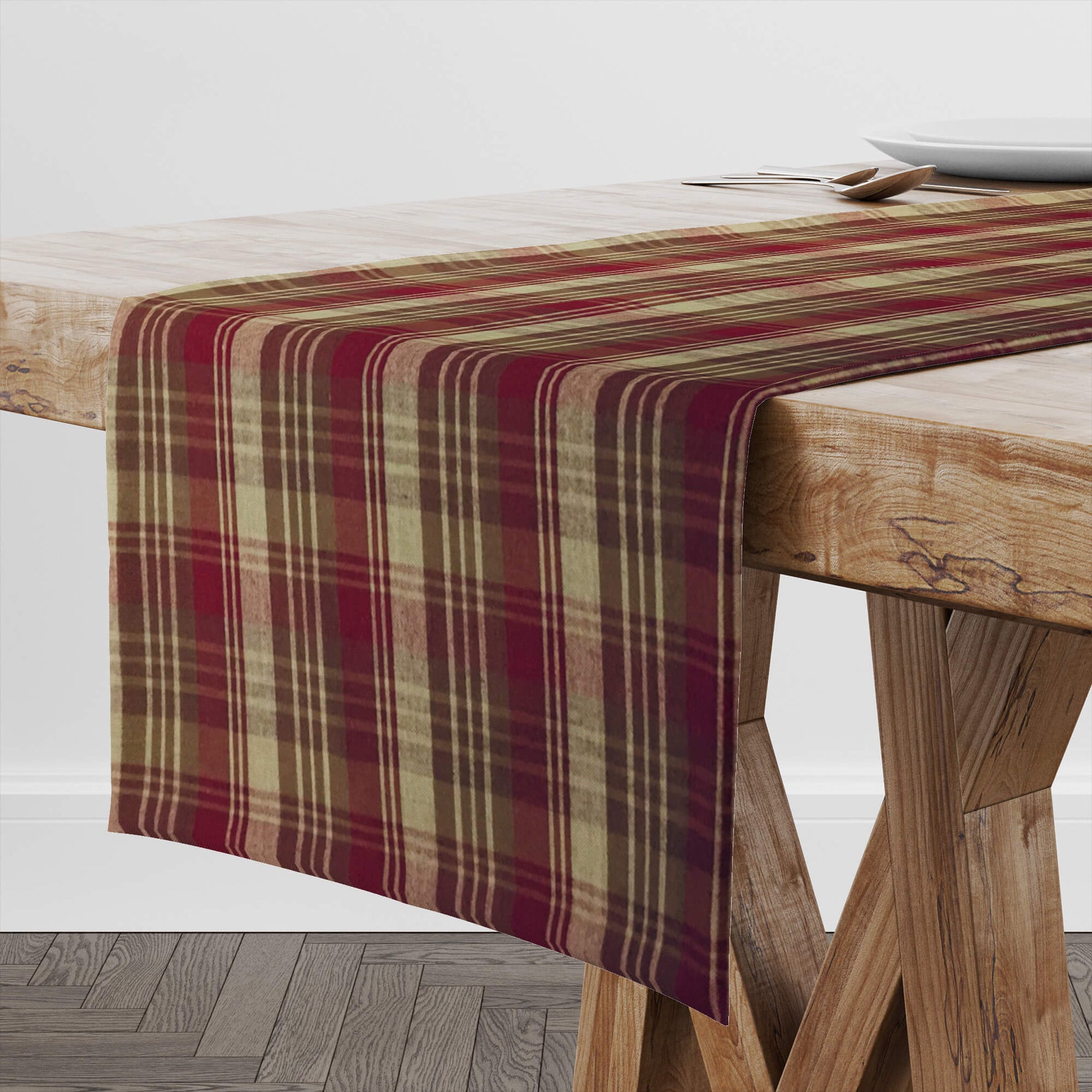 Rustic Fall Plaid Table Runners and Placemats – Burgundy, Brown & Tan