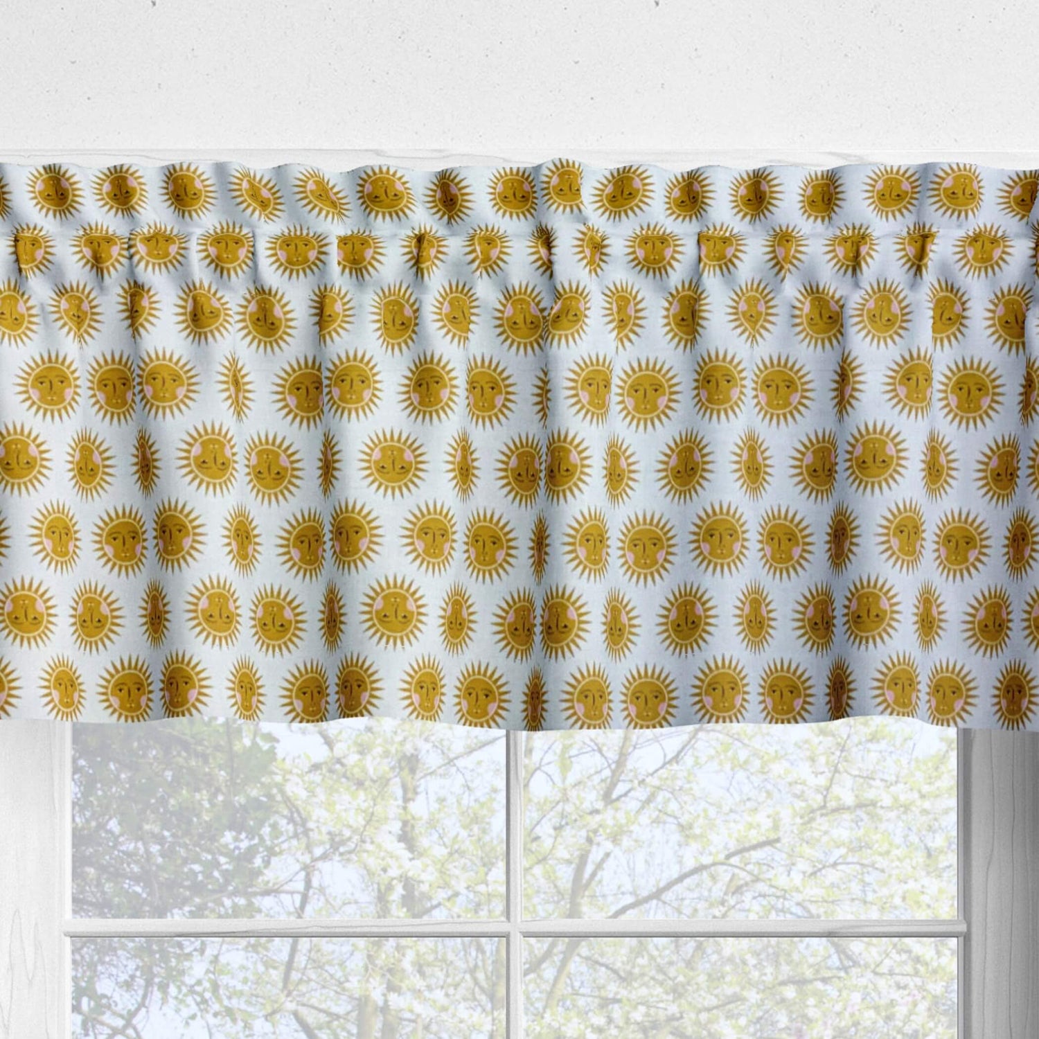 Retro Boho Sun Faces Valances and Cafe Curtains