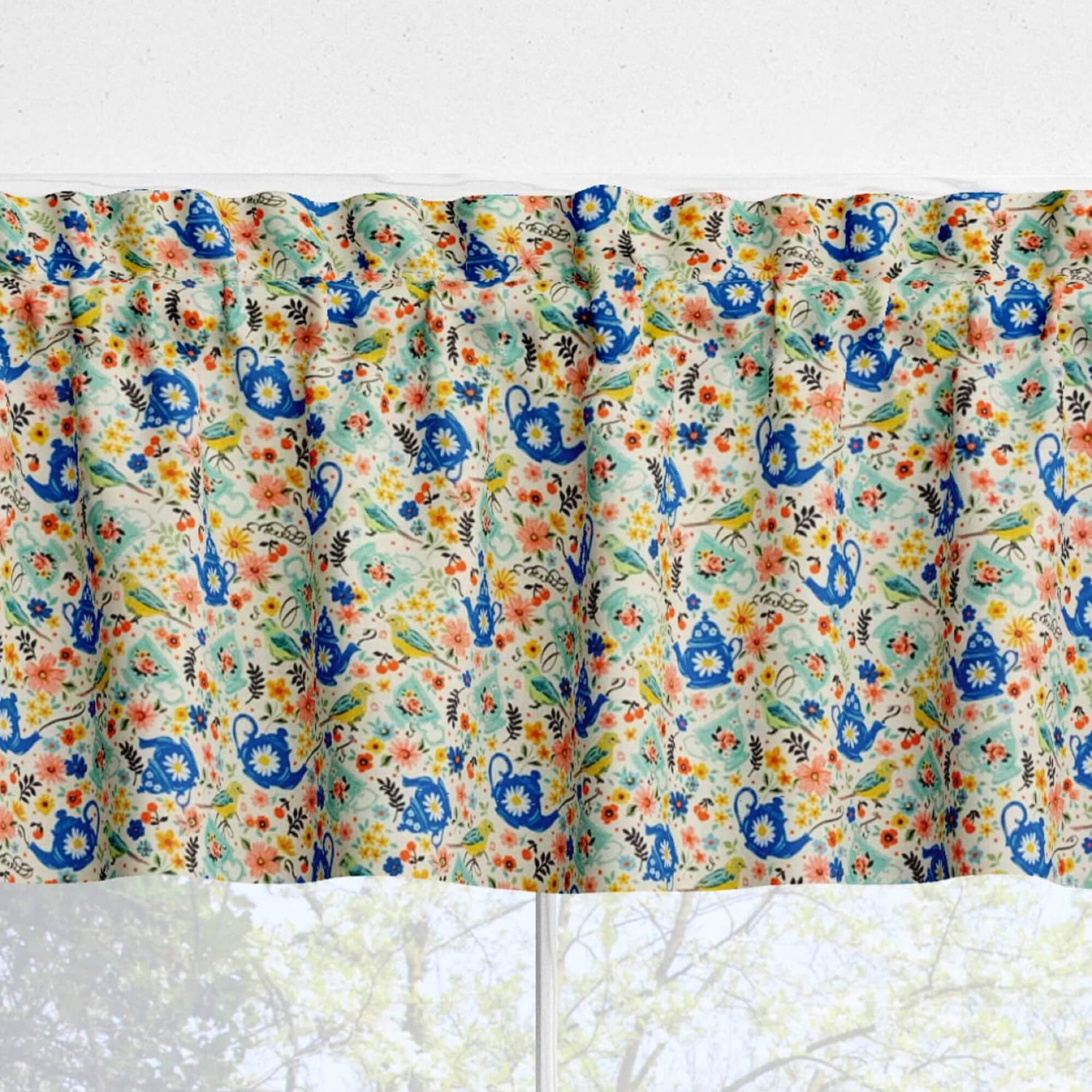 Teapots and Birds Kitchen Valances and Cafe Curtains