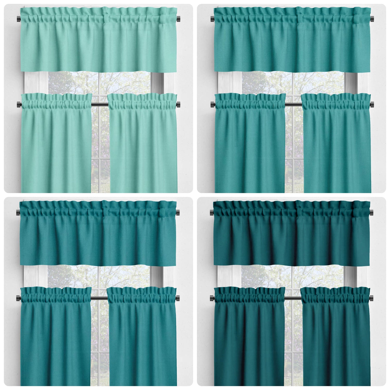 Aqua and Dark Teal Cotton Rod Pocket Valances and Cafe Curtains