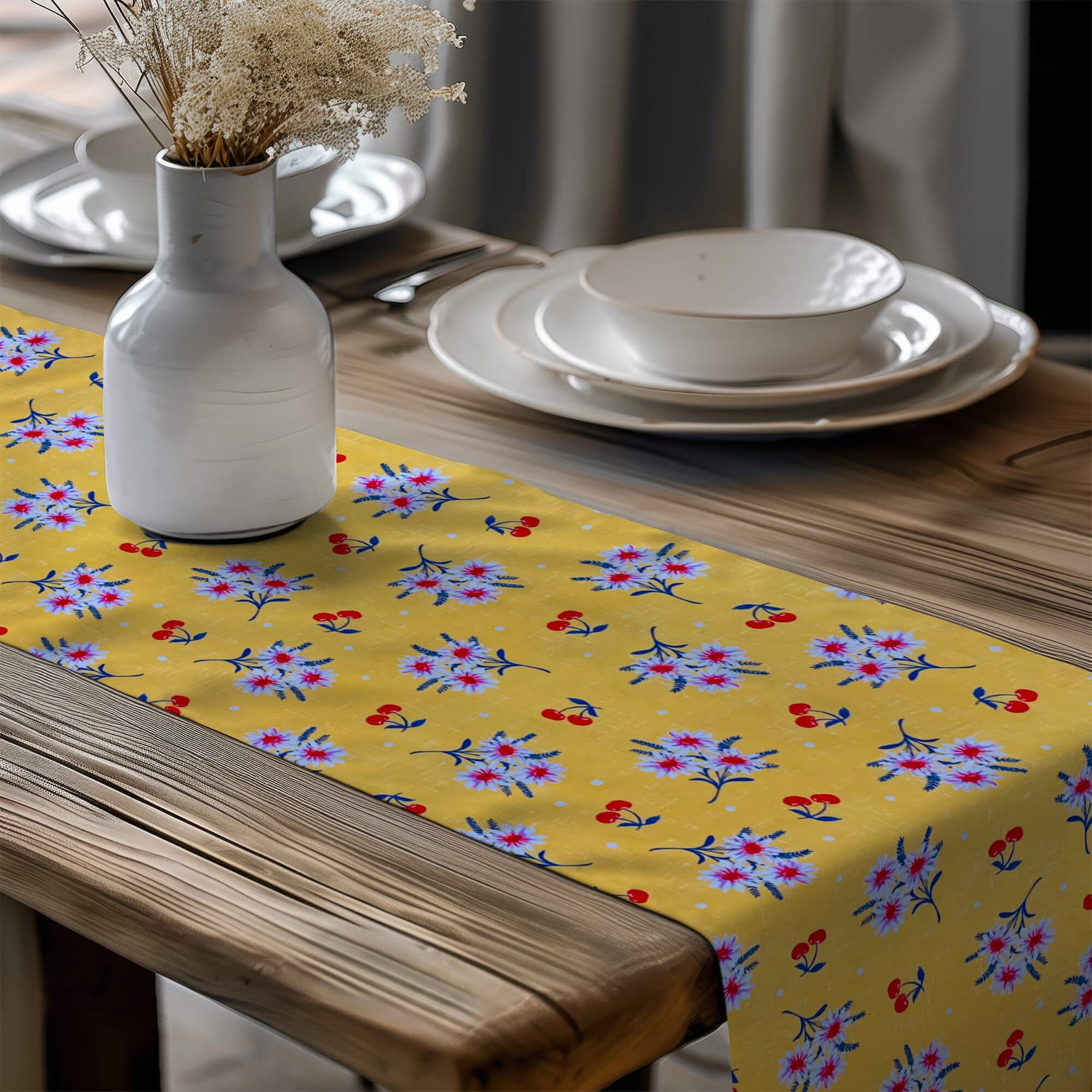 Vintage Daisy Table Runners – Yellow & Delft Blue
